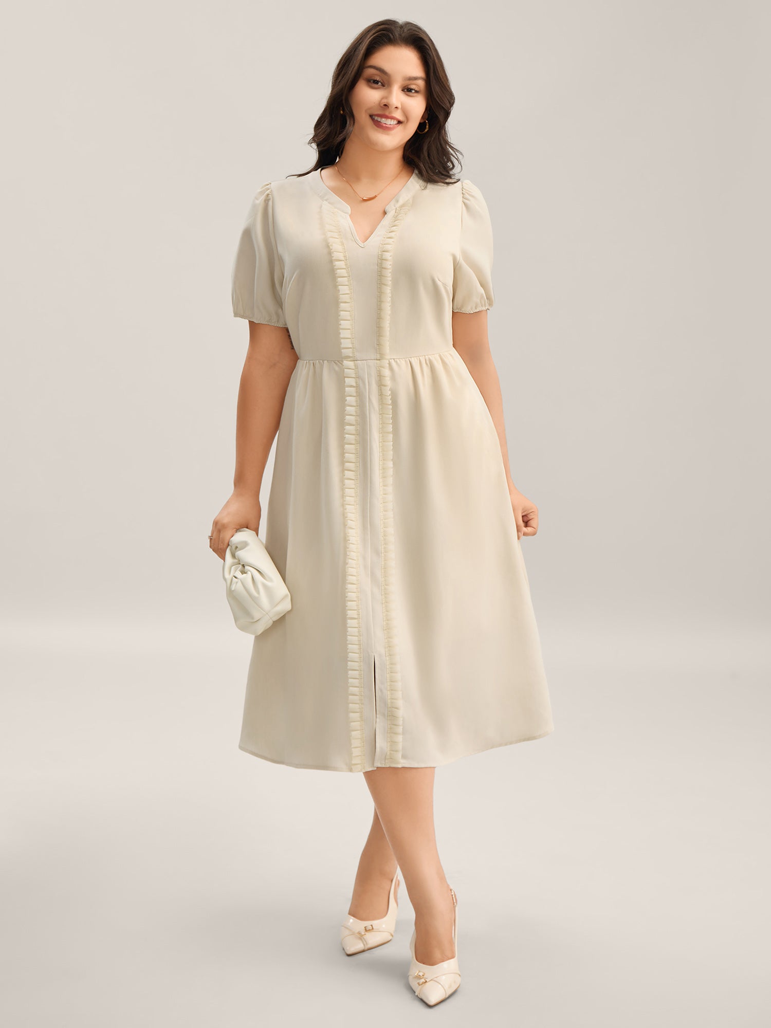Lace Trim Solid Pockets Midi Dress-Sweetccc
