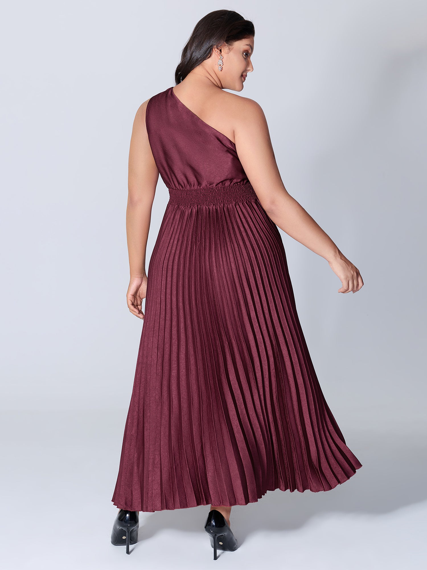 One-Shoulder Pleated Asymmetrical Hem Midi Dress-Sweetccc