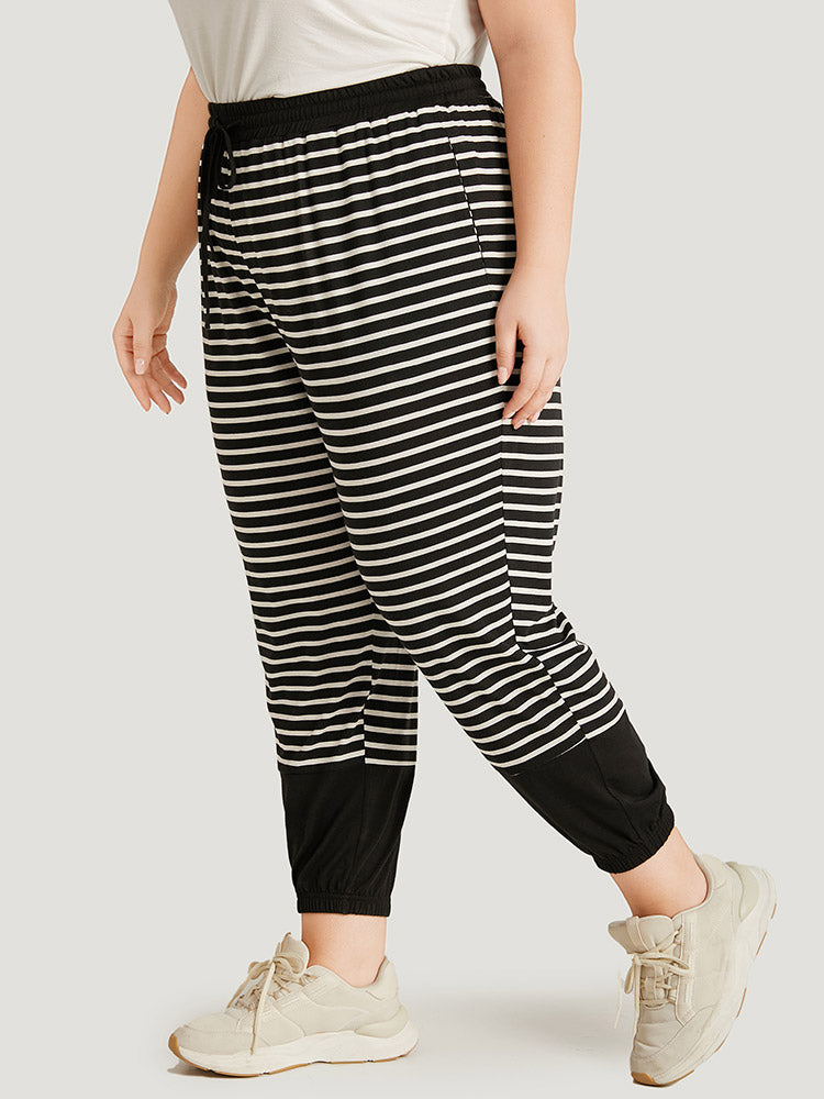 Striped Patchwork Elastic Waist Pocket Ties Sweatpants-Sweetccc