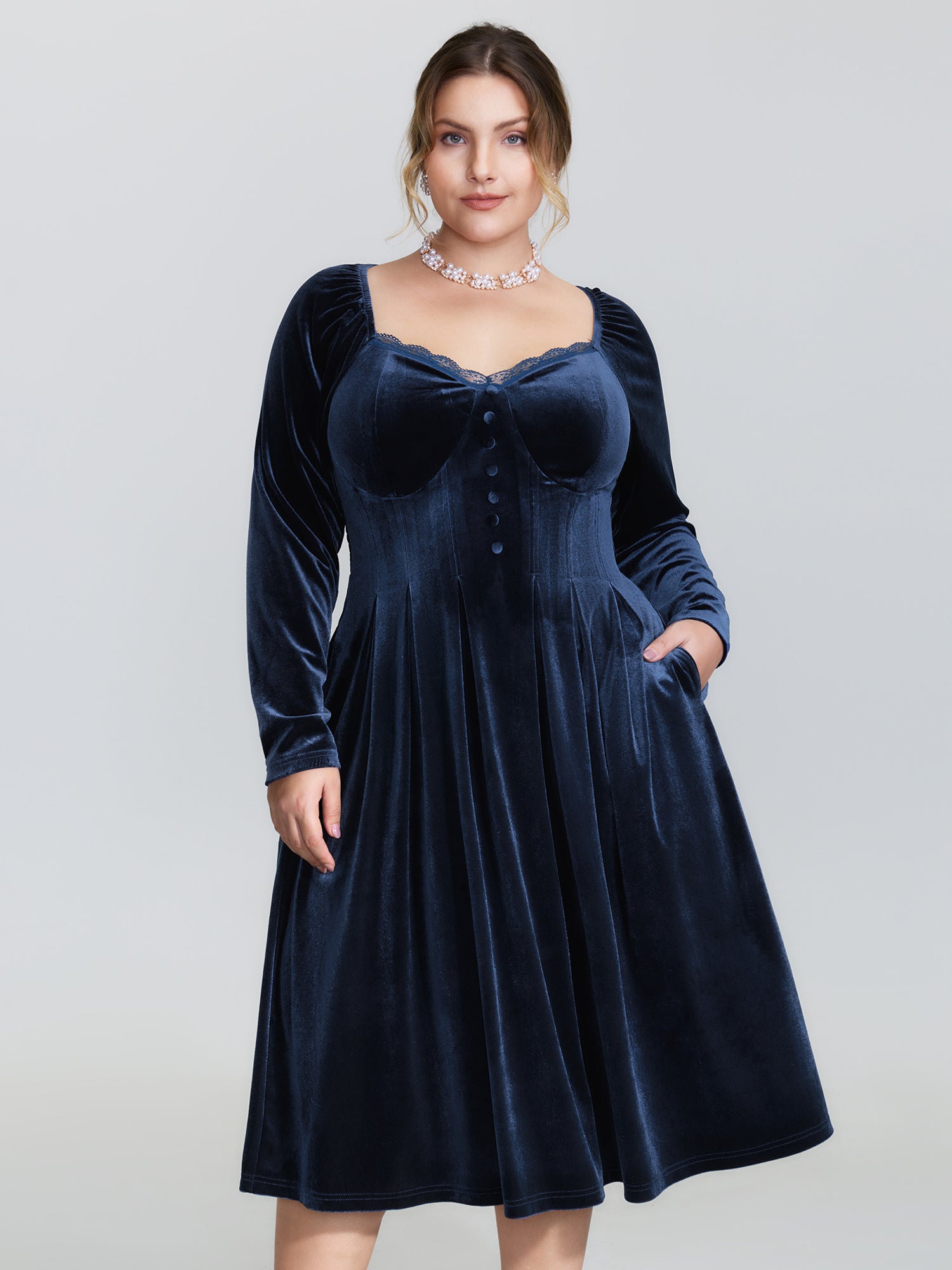 Velvet Lace Trim Stitch Shirred Midi Dress-Sweetccc