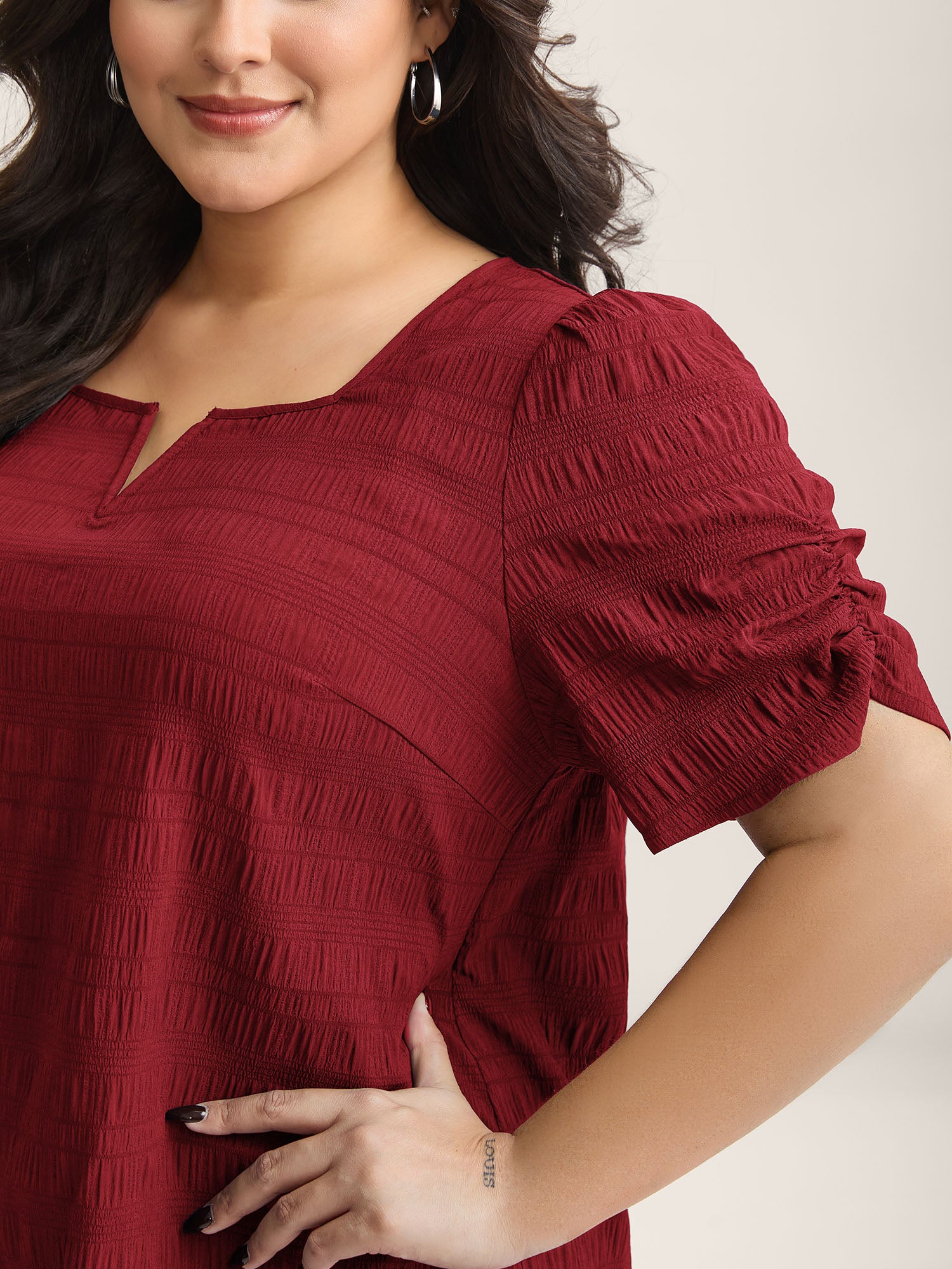 Textured Gathered Sleeve Split Neck Blouse-Sweetccc