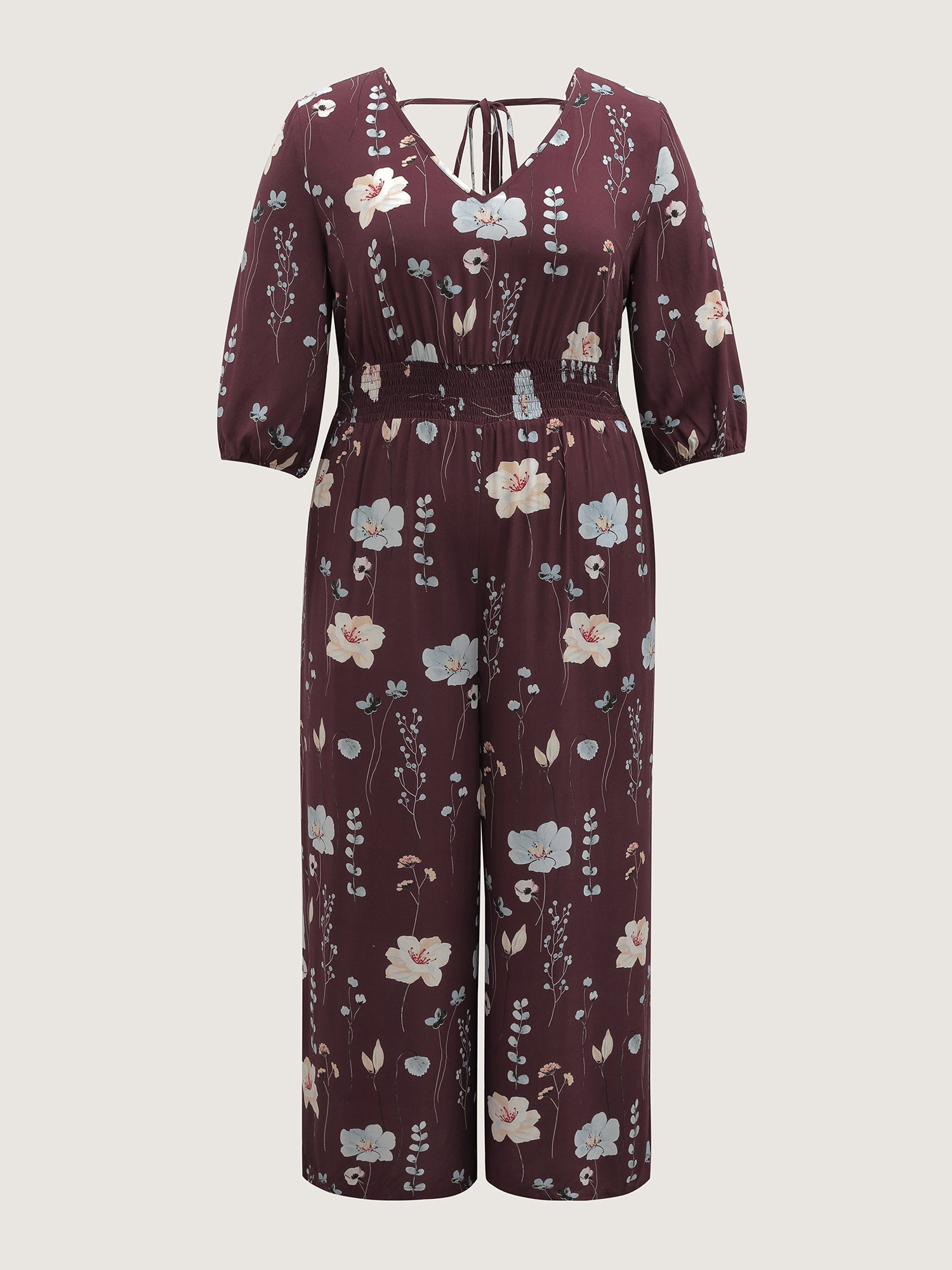 Floral Branch Print Shirred Waist Jumpsuit-Sweetccc