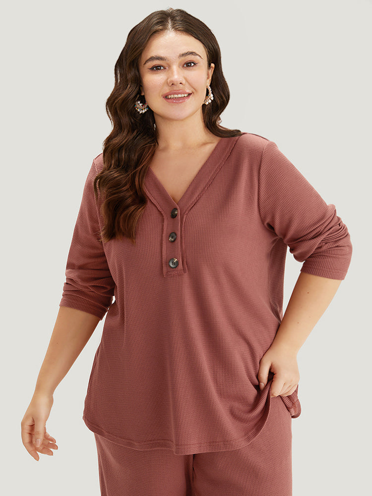 Solid Waffle Knit V Neck Button Up Woven Top-Sweetccc