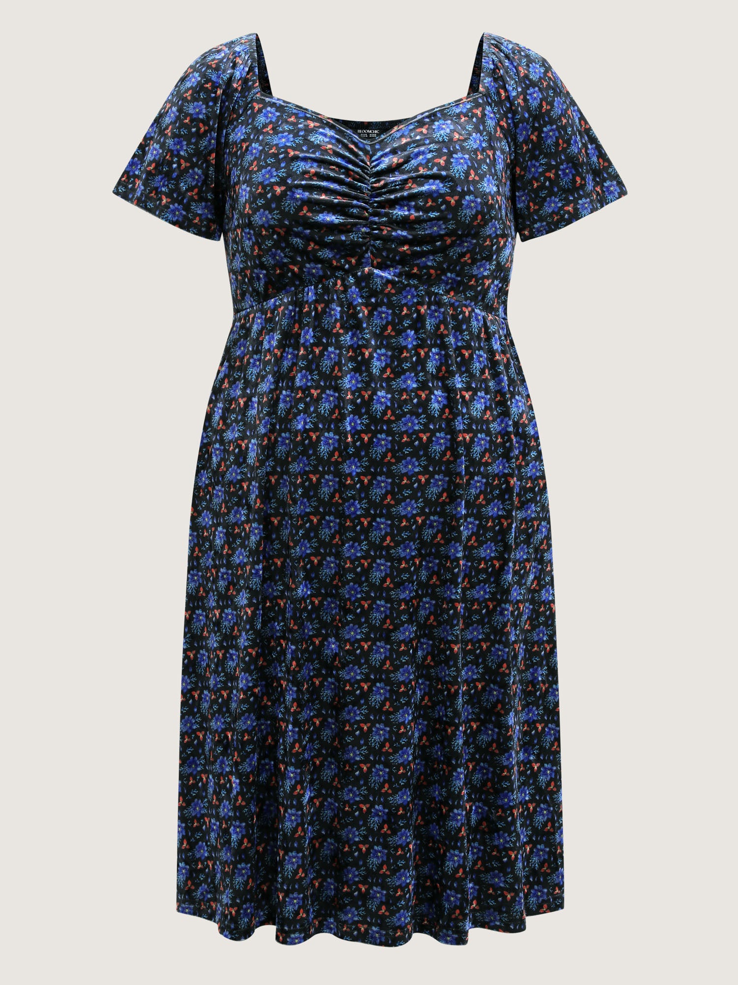 Velvet Floral Gathered Bodice Midi Dress-Sweetccc