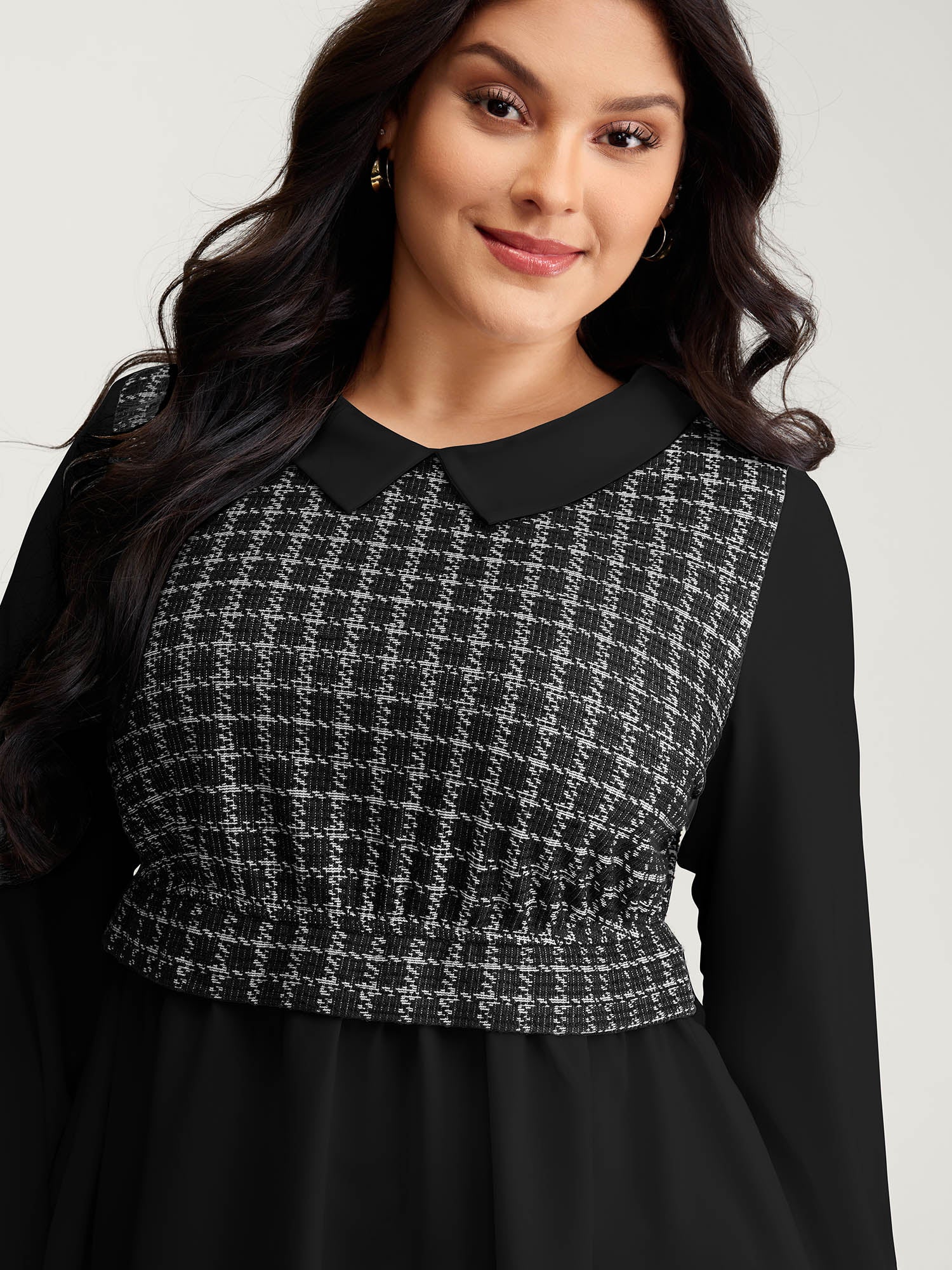 Houndstooth Pattern Color Contrast Blouse-Sweetccc