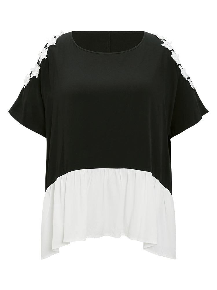 Floral Appliques Patchwork Asymmetrical Hem Cold Shoulder Blouse-Sweetccc