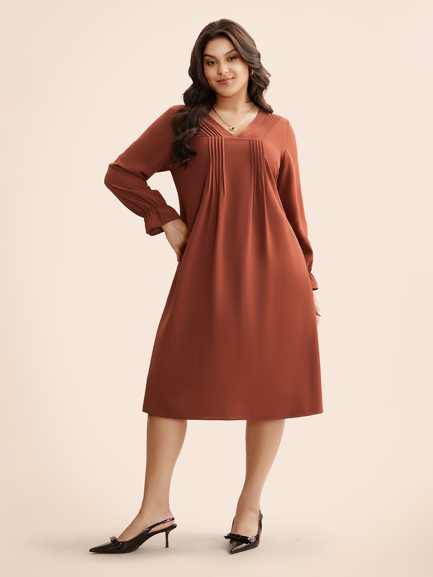 V Neck Pleated Lantern Sleeve Dress-Sweetccc