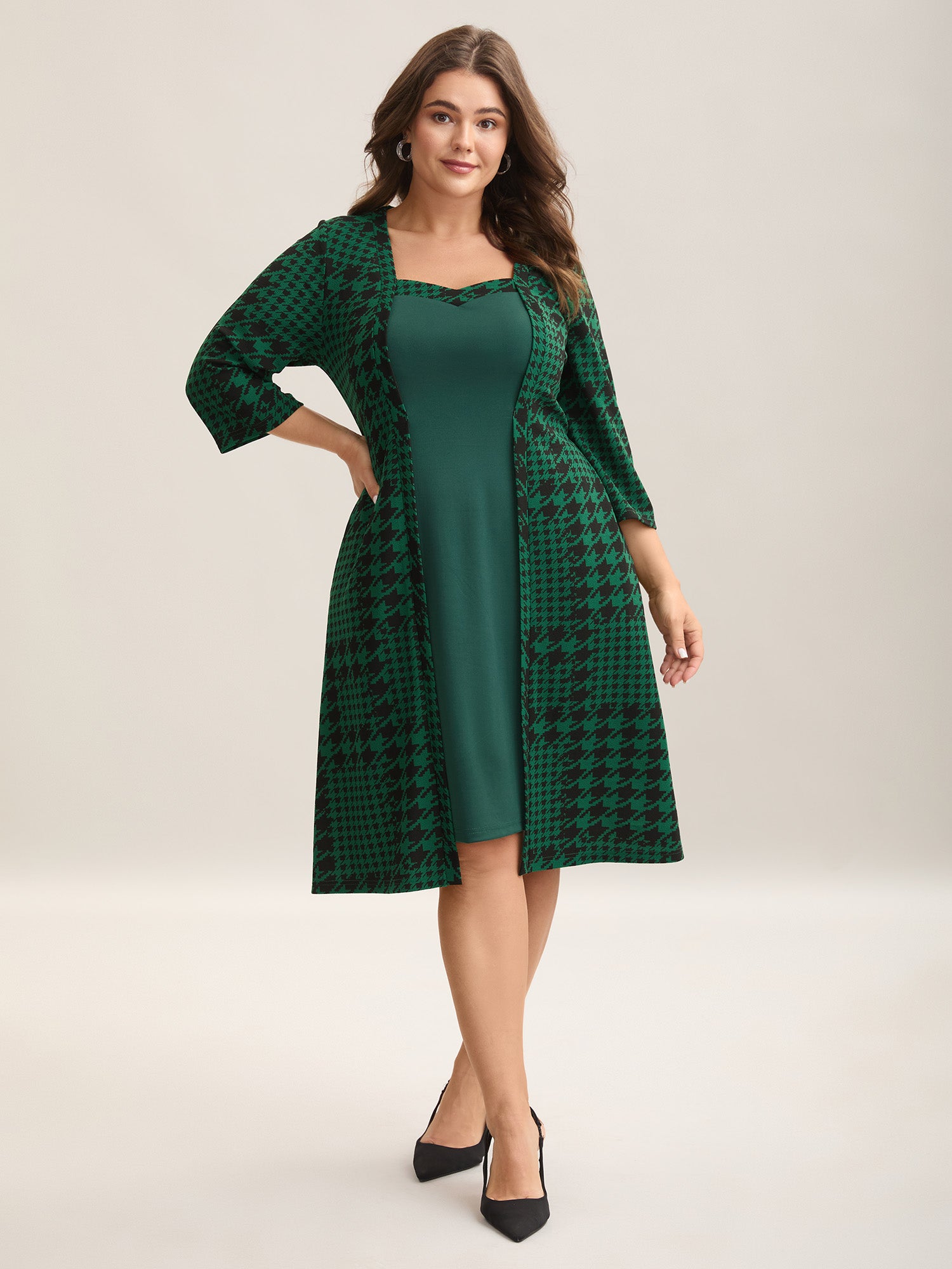 Houndstooth Print Waist-Cinched Patchwork Midi Dress-Sweetccc