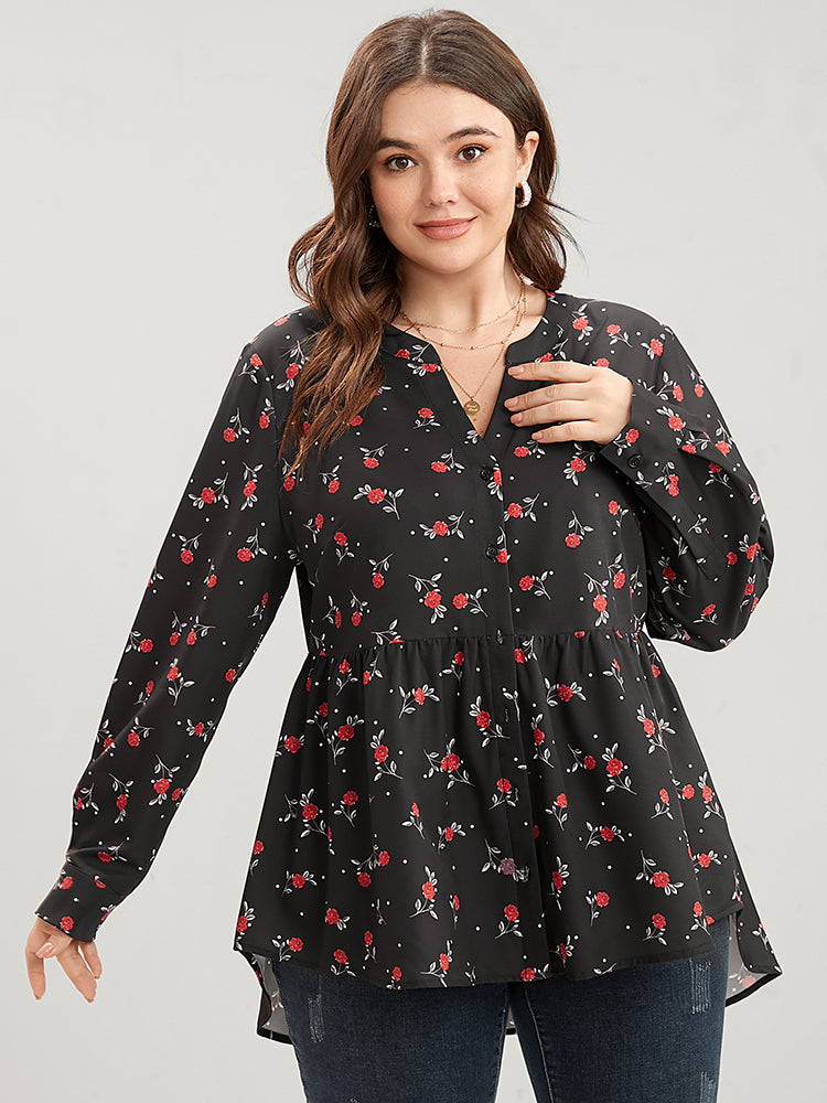 Floral Print Button Up High Low Hem Blouse-Sweetccc
