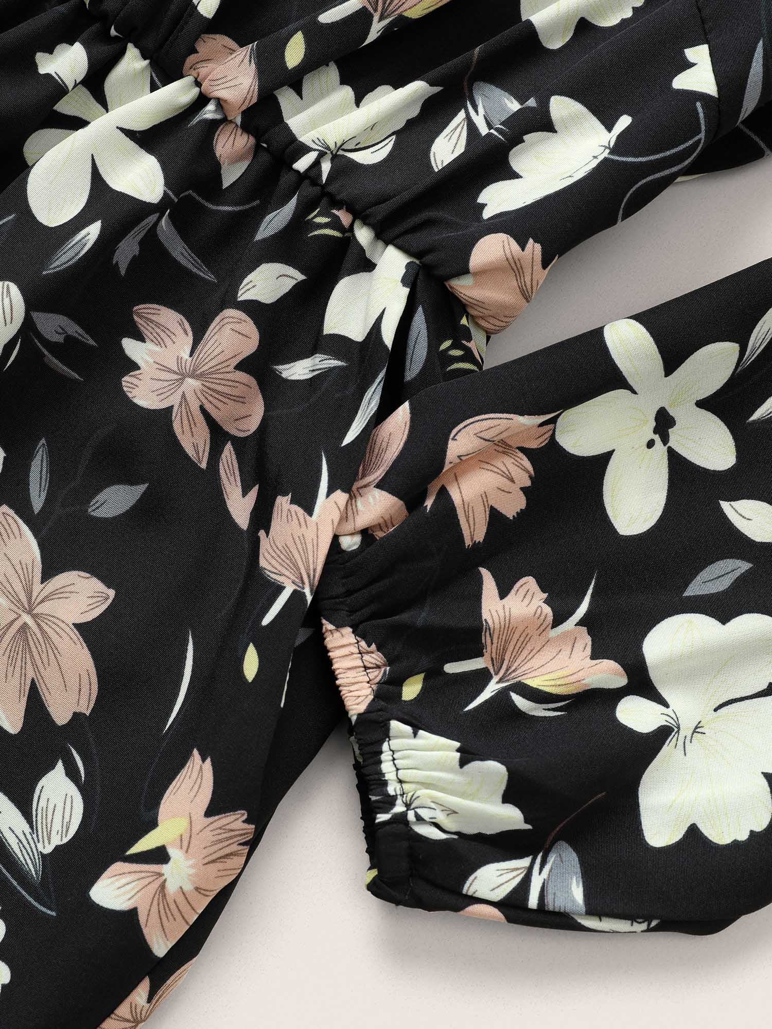 Floral Elastic Waist Belted Wrap Jumpsuit-Sweetccc