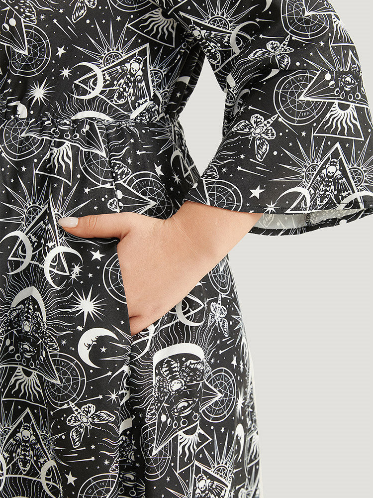 Halloween Moon & Star Lace Up Pocket Bell Sleeve Dress-Sweetccc