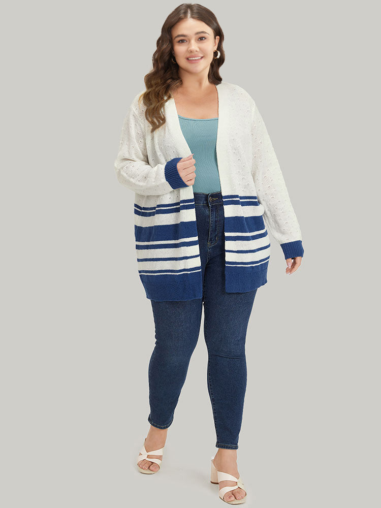 Striped Open Front Contrast Elastic Cuffs Cardigan-Sweetccc