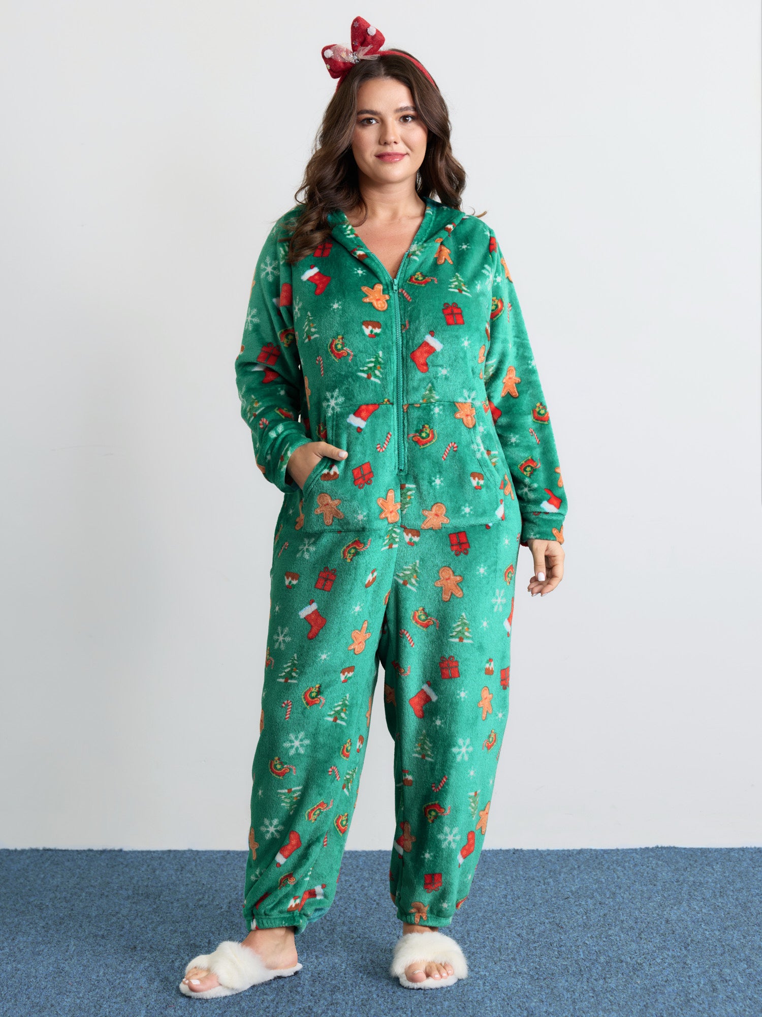 Fleece Holiday Pattern Pockets Hooded Sleep Jumpsuit-Sweetccc