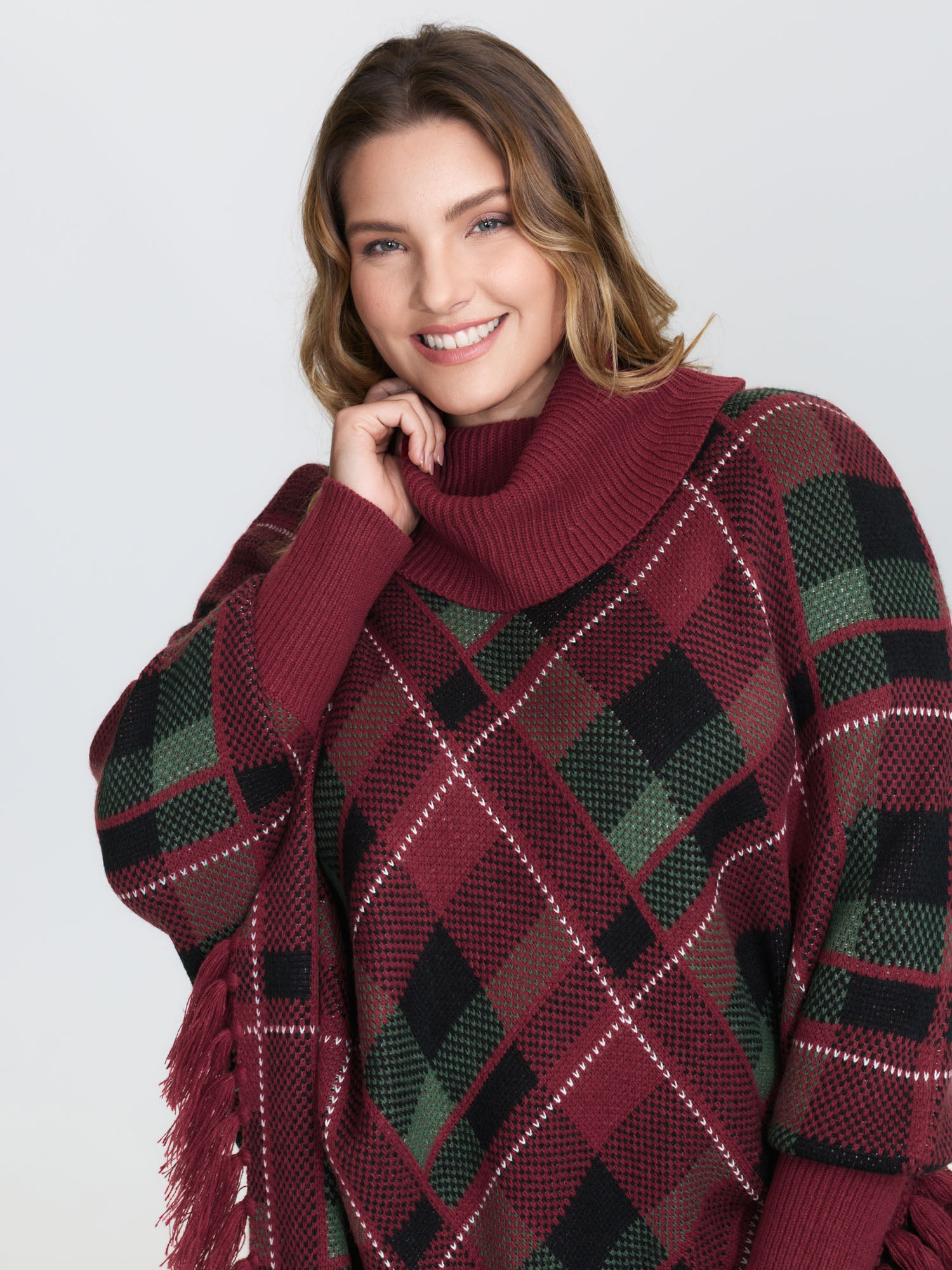 Holiday Plaid Turtleneck Fringe Hem Pullover-Sweetccc