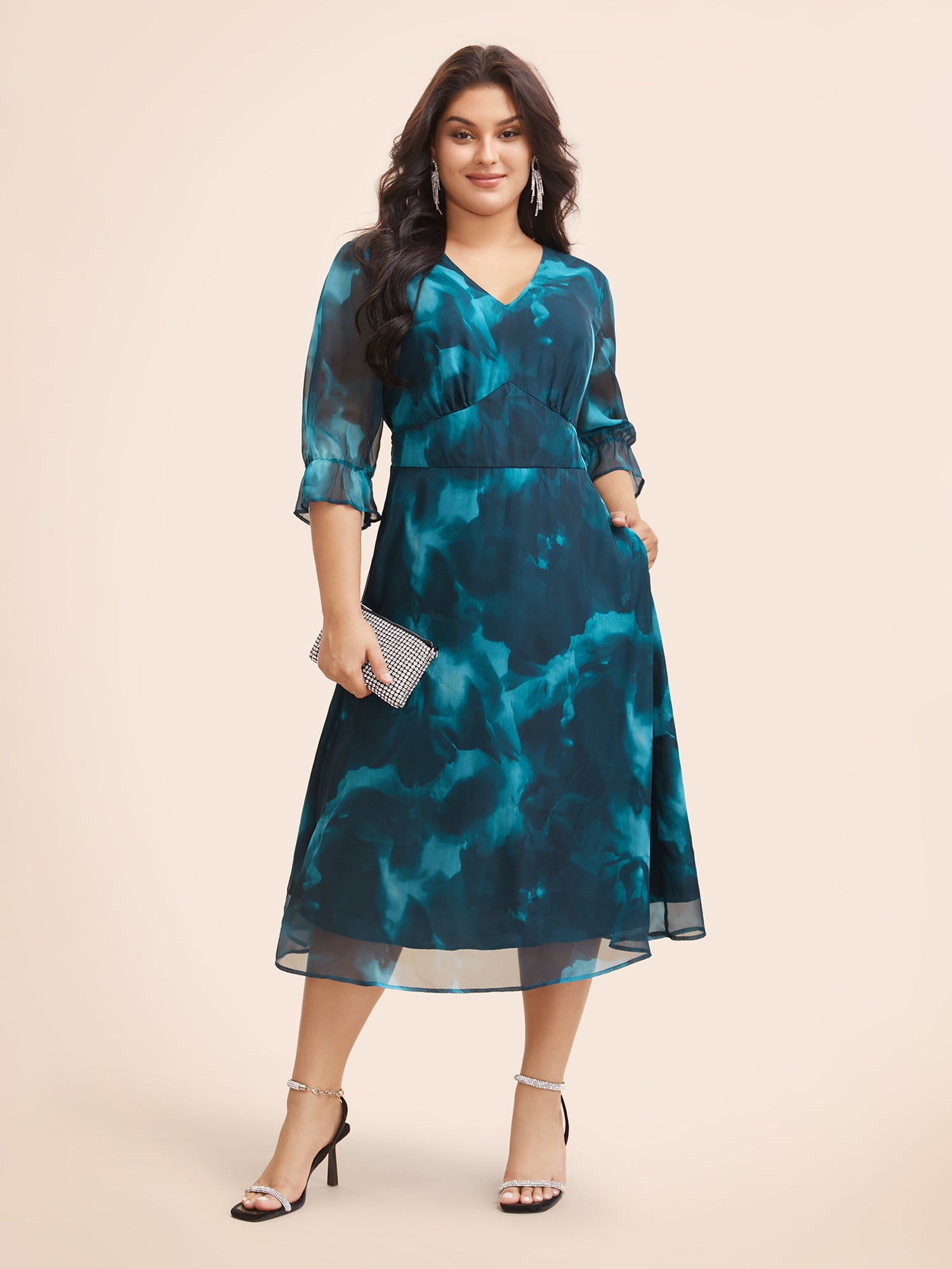 Water Ripple Print Mesh Ruffles Shirred Dress-Sweetccc