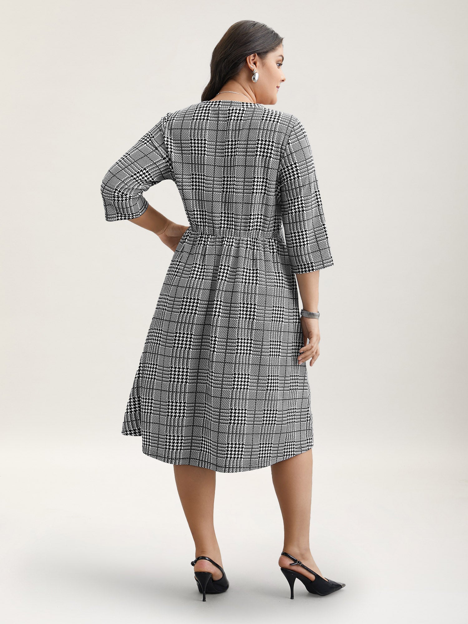 Houndstooth Print Waist-Cinched Patchwork Midi Dress-Sweetccc