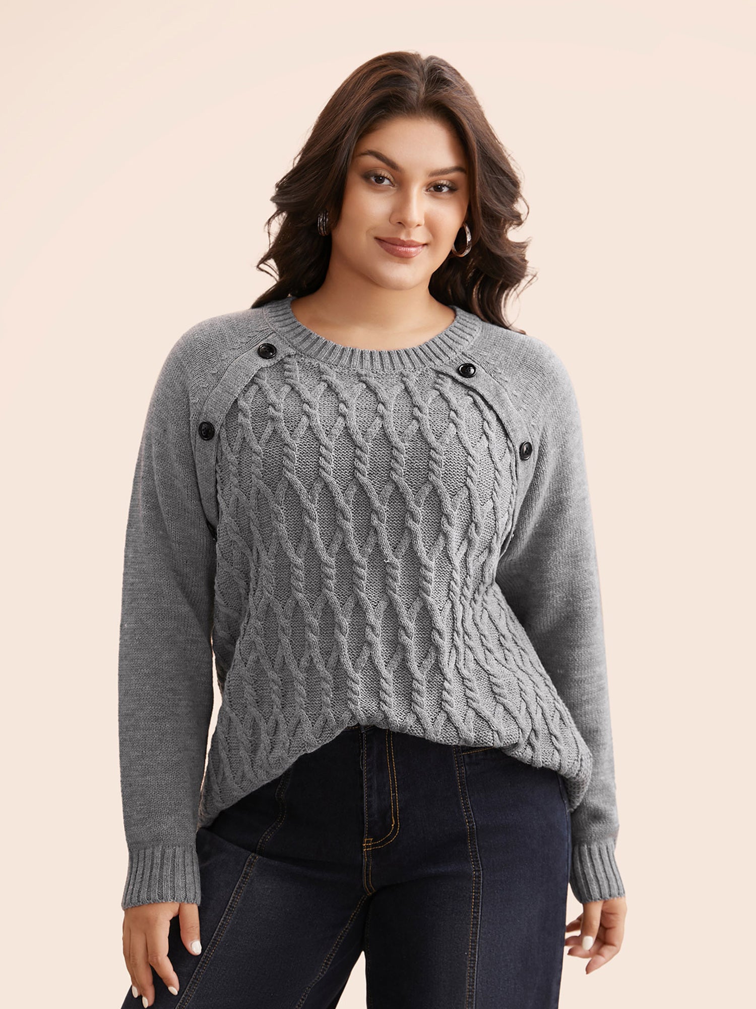 Texture Cable Knit Button Detail Pullover-Sweetccc