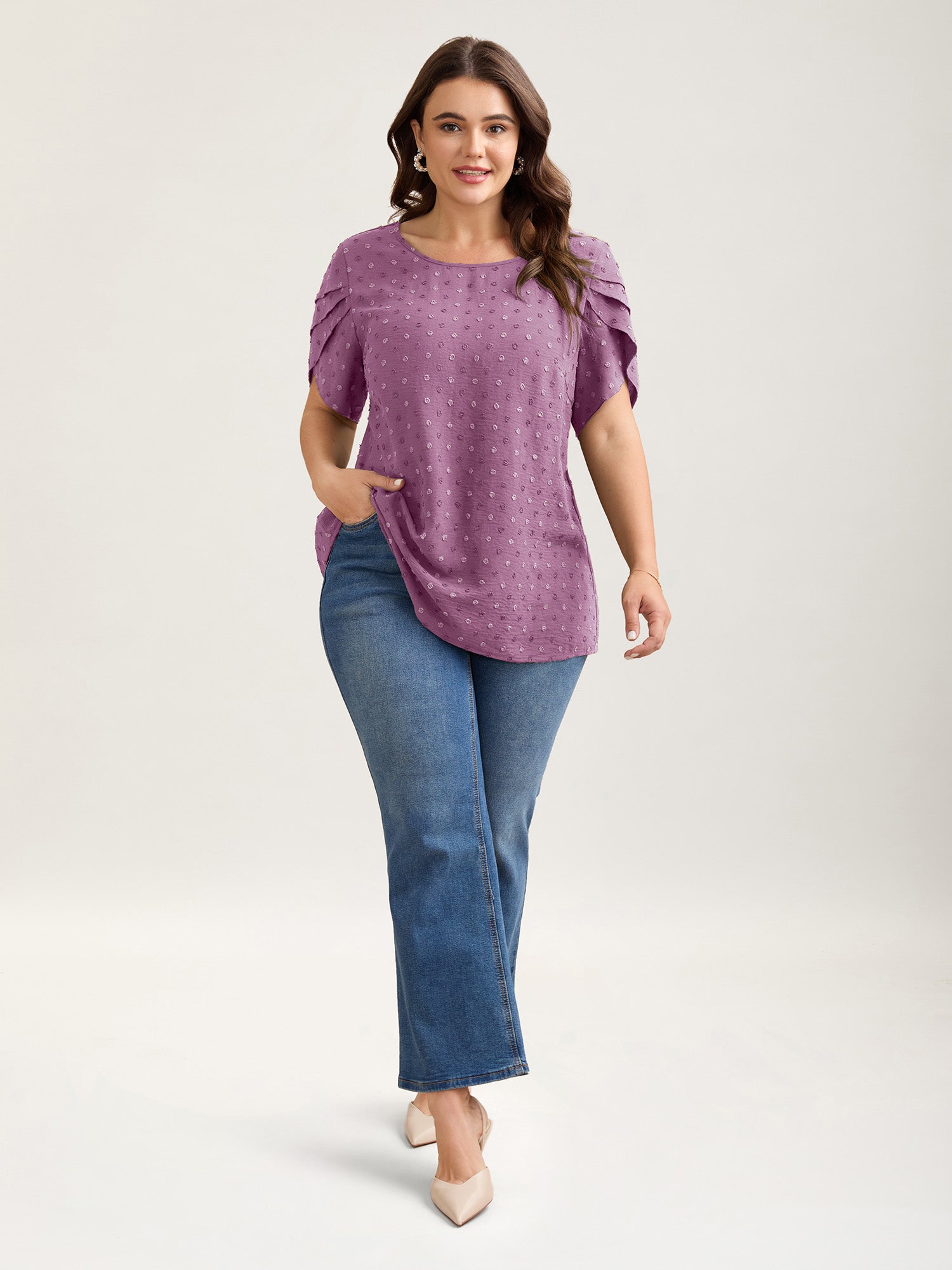 Textured Color Contrast Petal Sleeve Blouse-Sweetccc