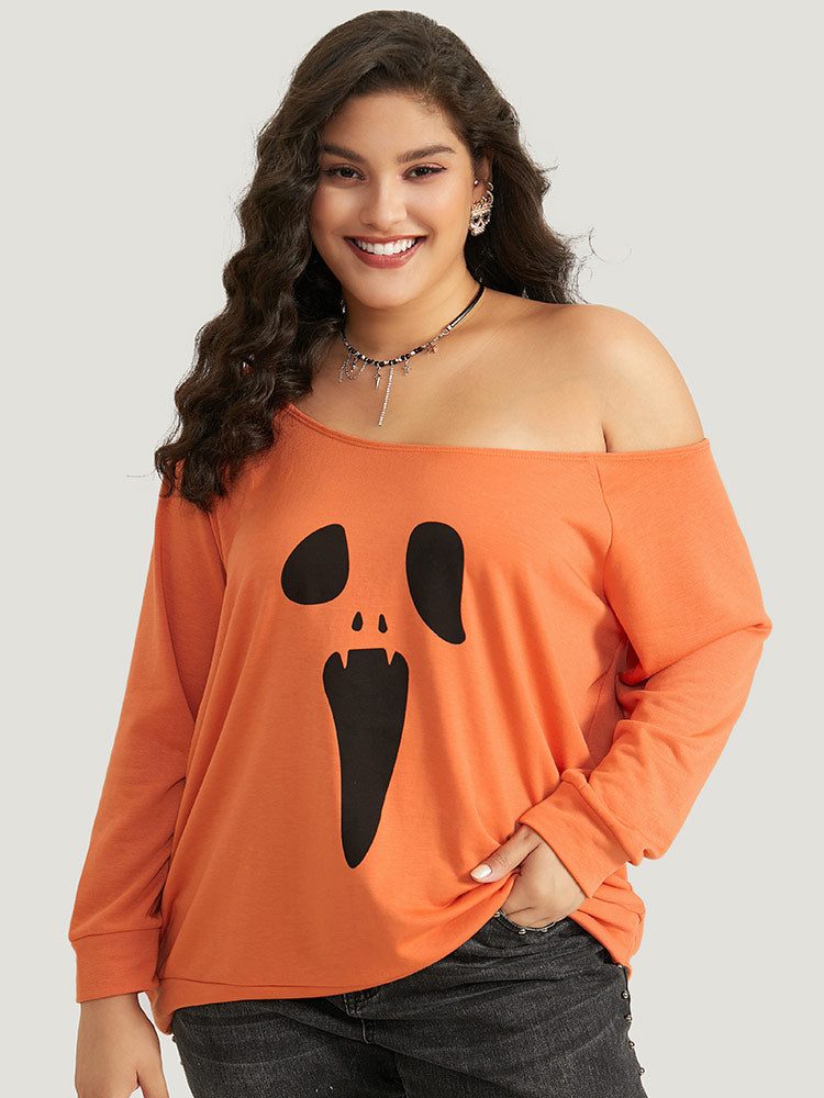 Halloween Print One Shoulder Raglan Sleeve Sweatshirt-Sweetccc