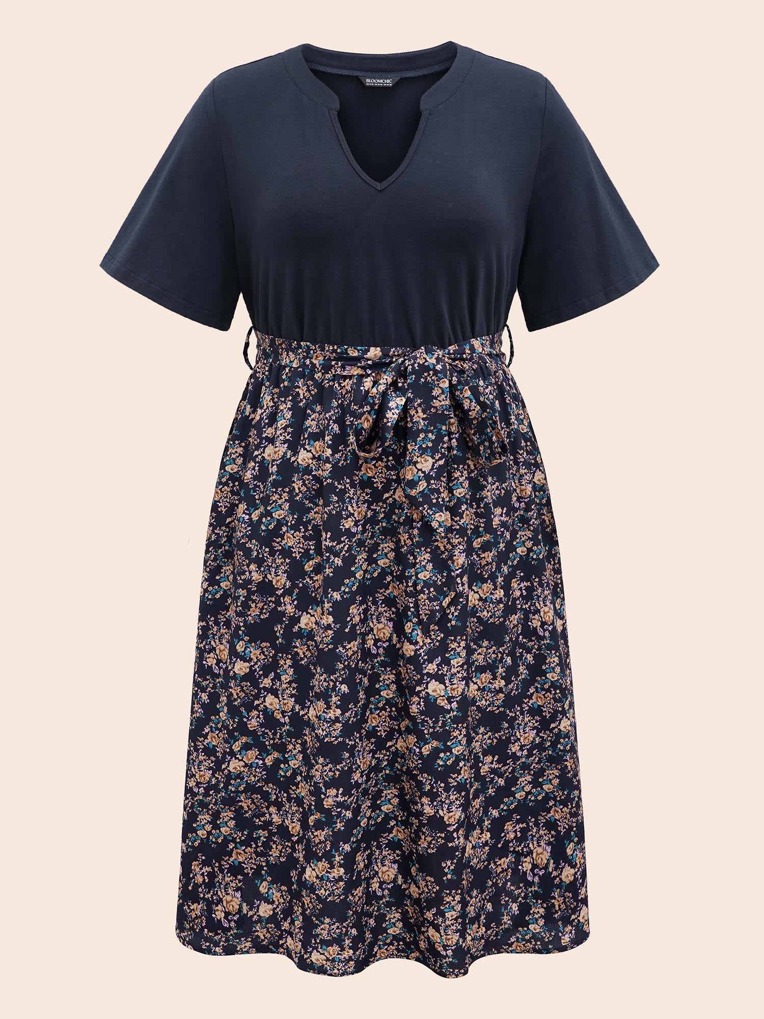 Notched Collar Floral Patchwork Belted Dress-Sweetccc