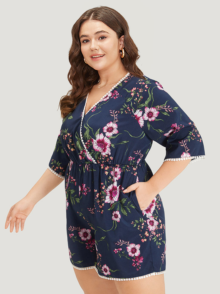 Floral Print Overlap Collar Contrast Trim Pocket Jumpsuit-Sweetccc