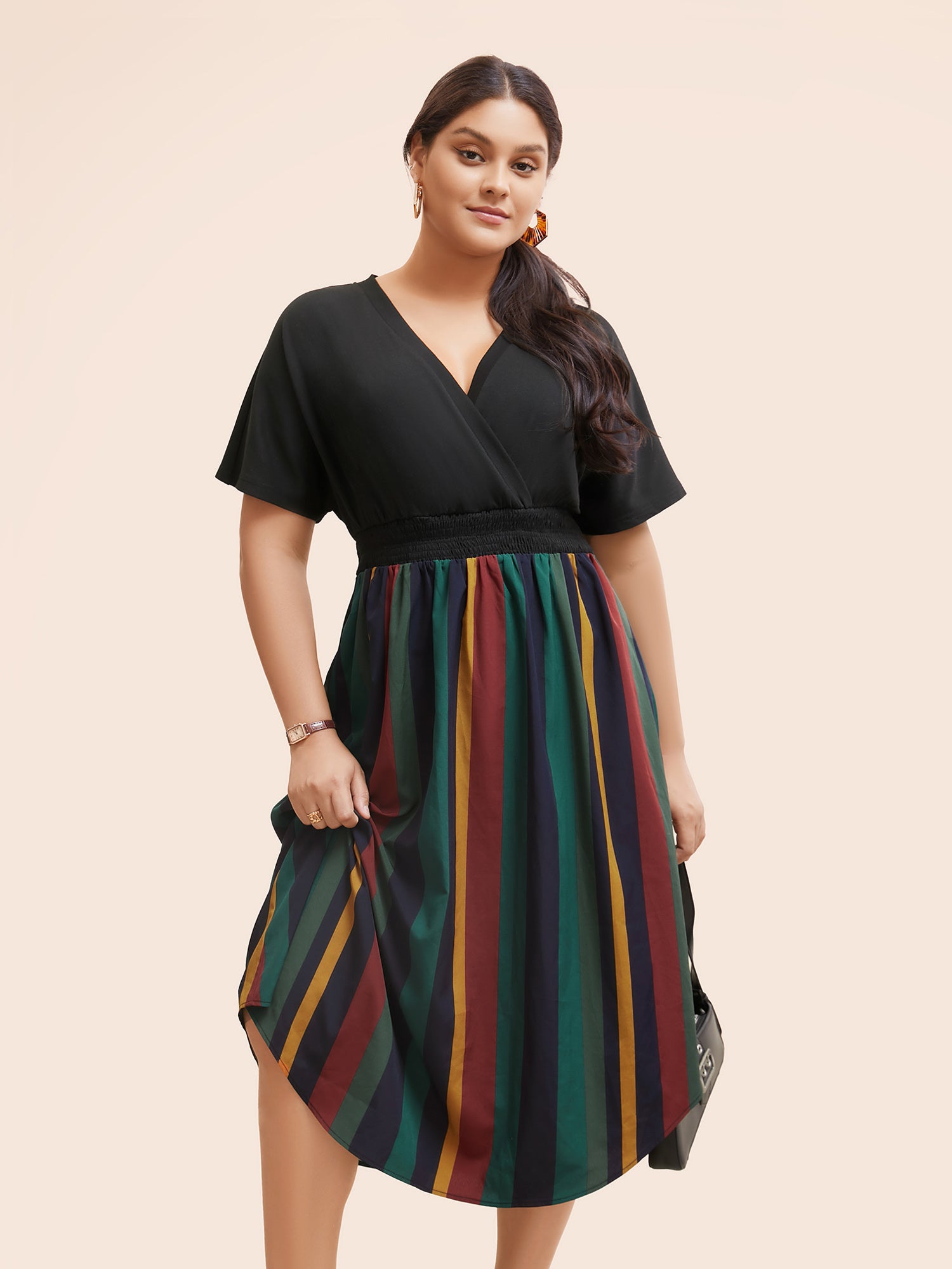 Striped Overlap Collar Shirred Midi Dress-Sweetccc