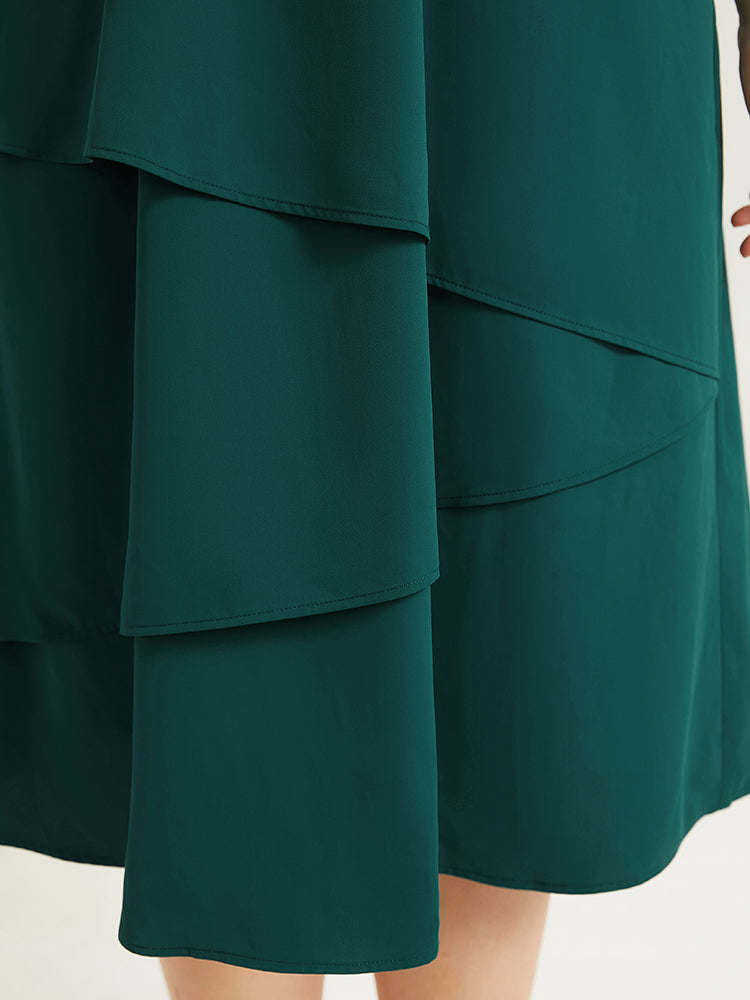 Twill Flutter Shirred Asymmetrical Layered Hem Dress-Sweetccc