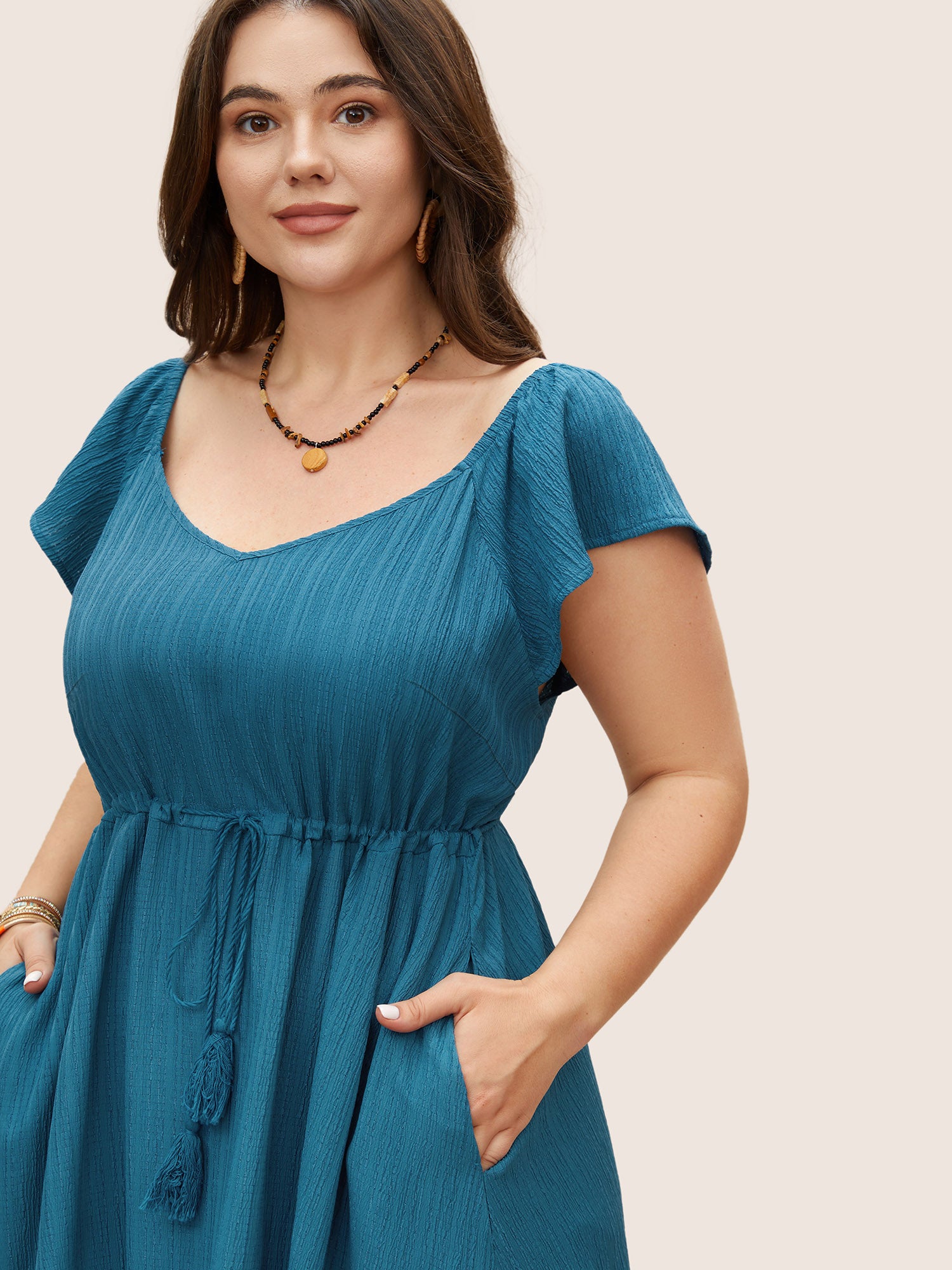 Texture Drawstring Tie Knot Tassels Dress-Sweetccc