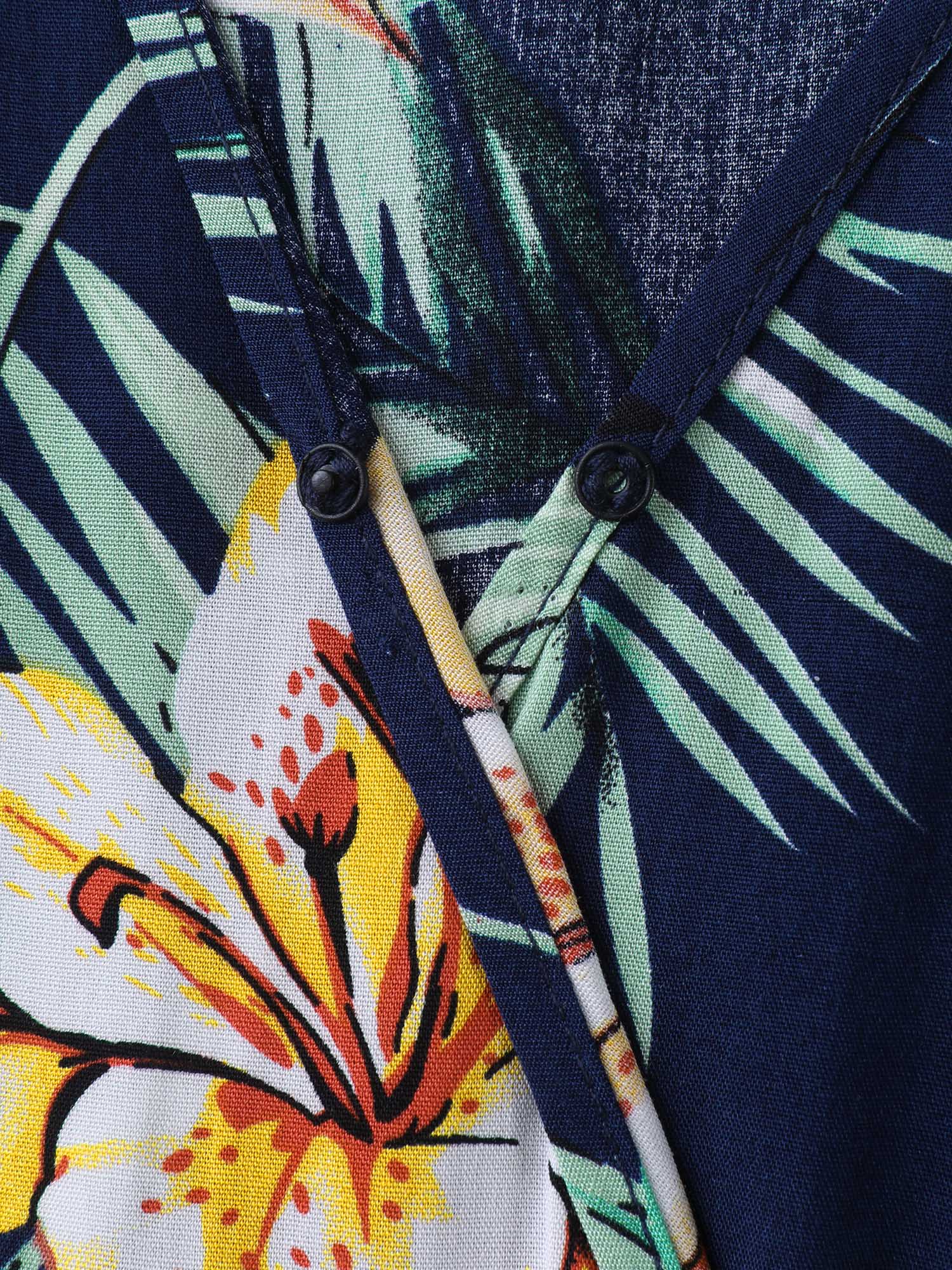 Tropical Floral Print Shirred Waist Midi Dress-Sweetccc