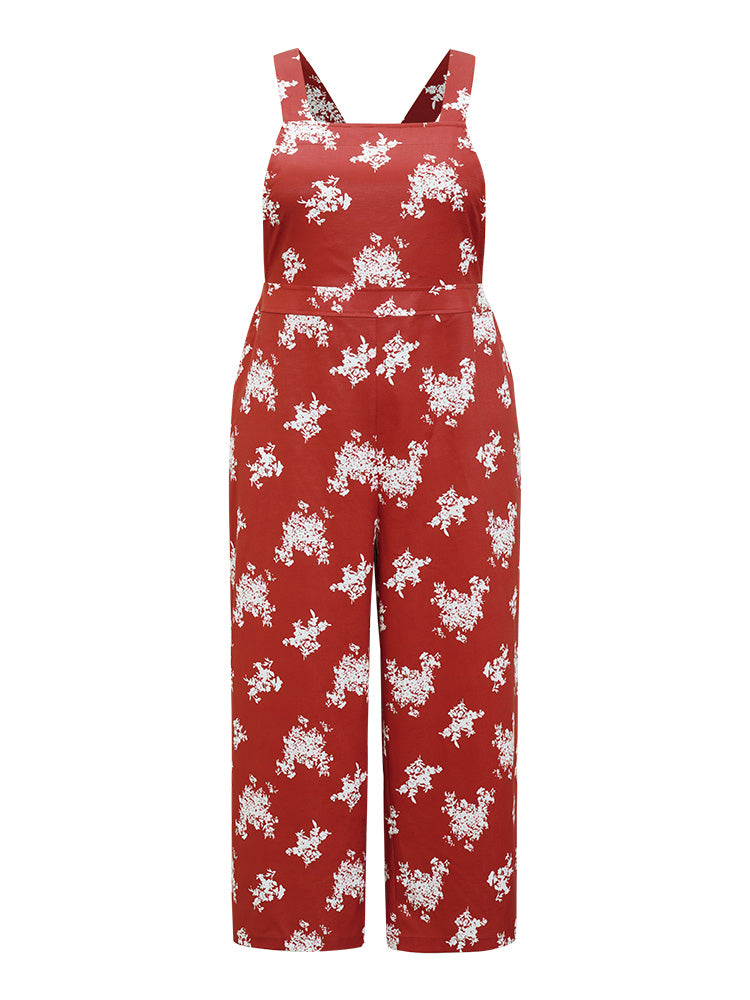 Floral Print Pocket Crossover Back Overall Jumpsuit-Sweetccc