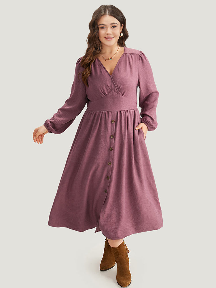 Twill Gathered Button Detail Lantern Sleeve Dress-Sweetccc