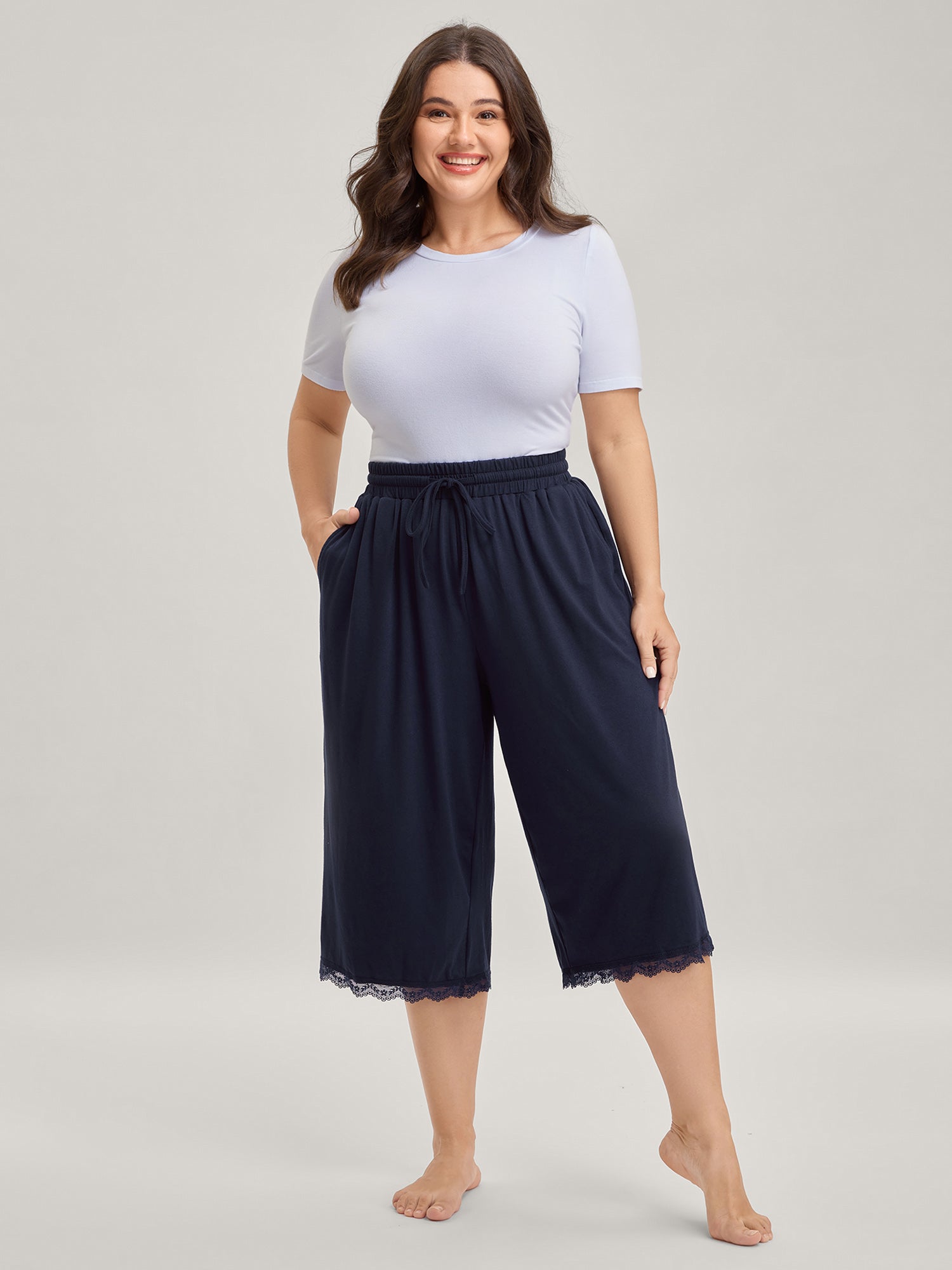 Stretchy Lace Trim Drawstring Lounge Pants-Sweetccc