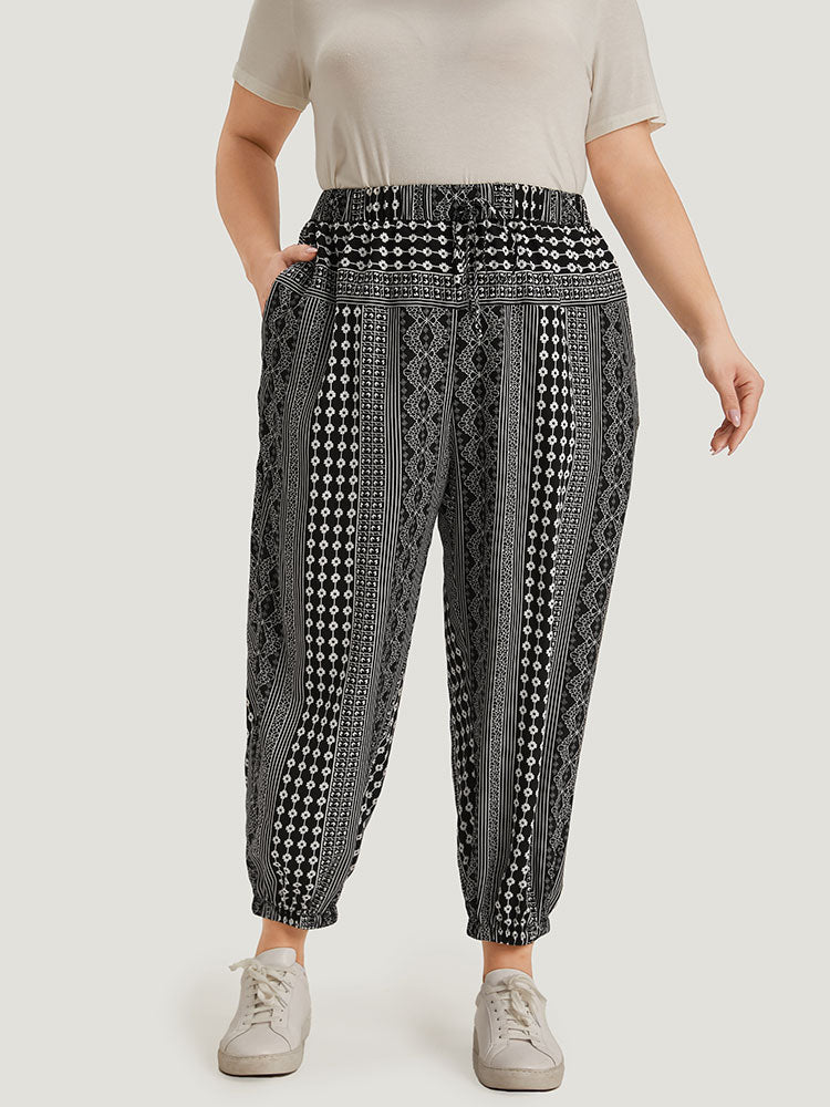 Moroccan Print Pocket Elastic Waist Ties Pants-Sweetccc