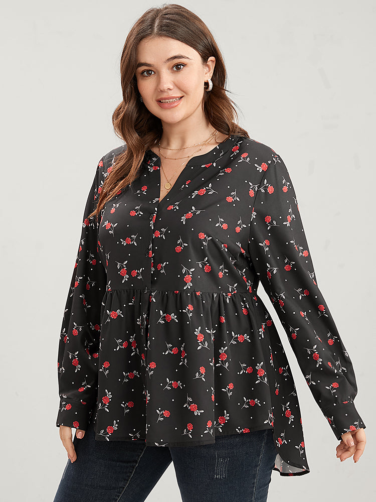 Floral Print Button Up High Low Hem Blouse-Sweetccc