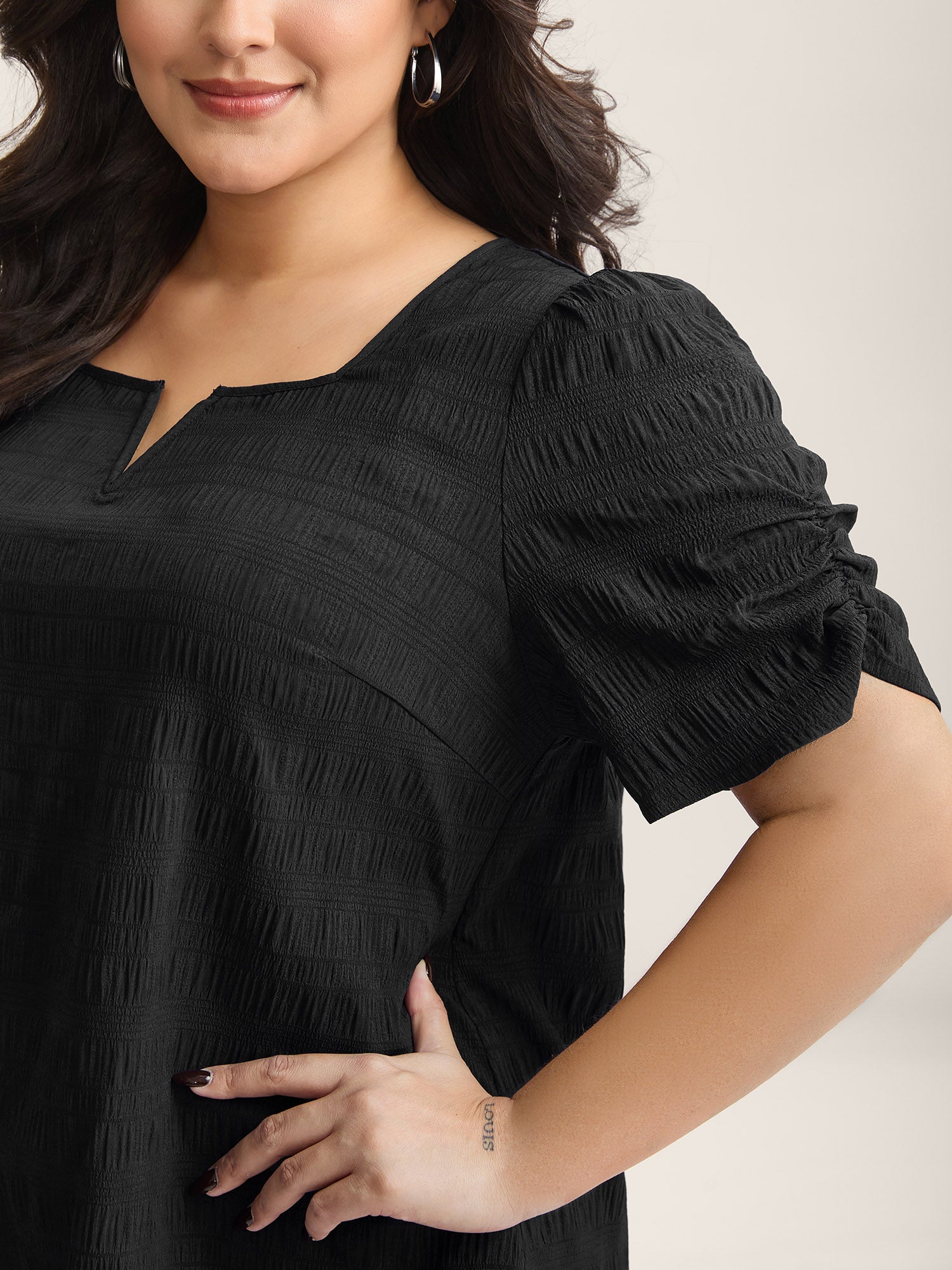 Textured Gathered Sleeve Split Neck Blouse-Sweetccc