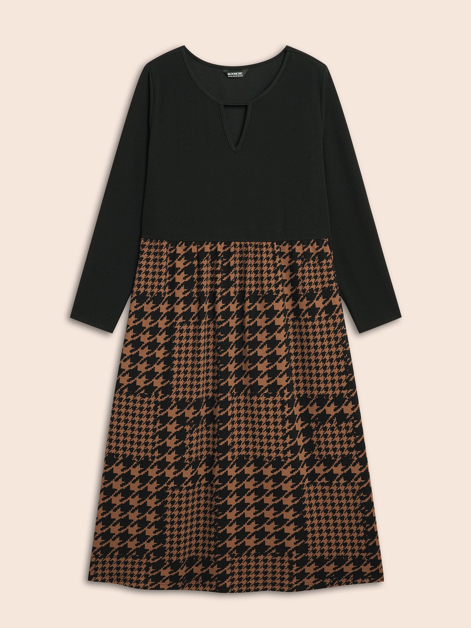 Houndstooth Patchwork Cut Out Midi Dress-Sweetccc