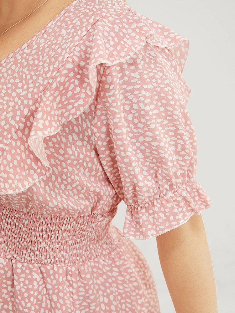 Leopard Ruffle Trim Pocket Shirred Puff Sleeve Dress-Sweetccc