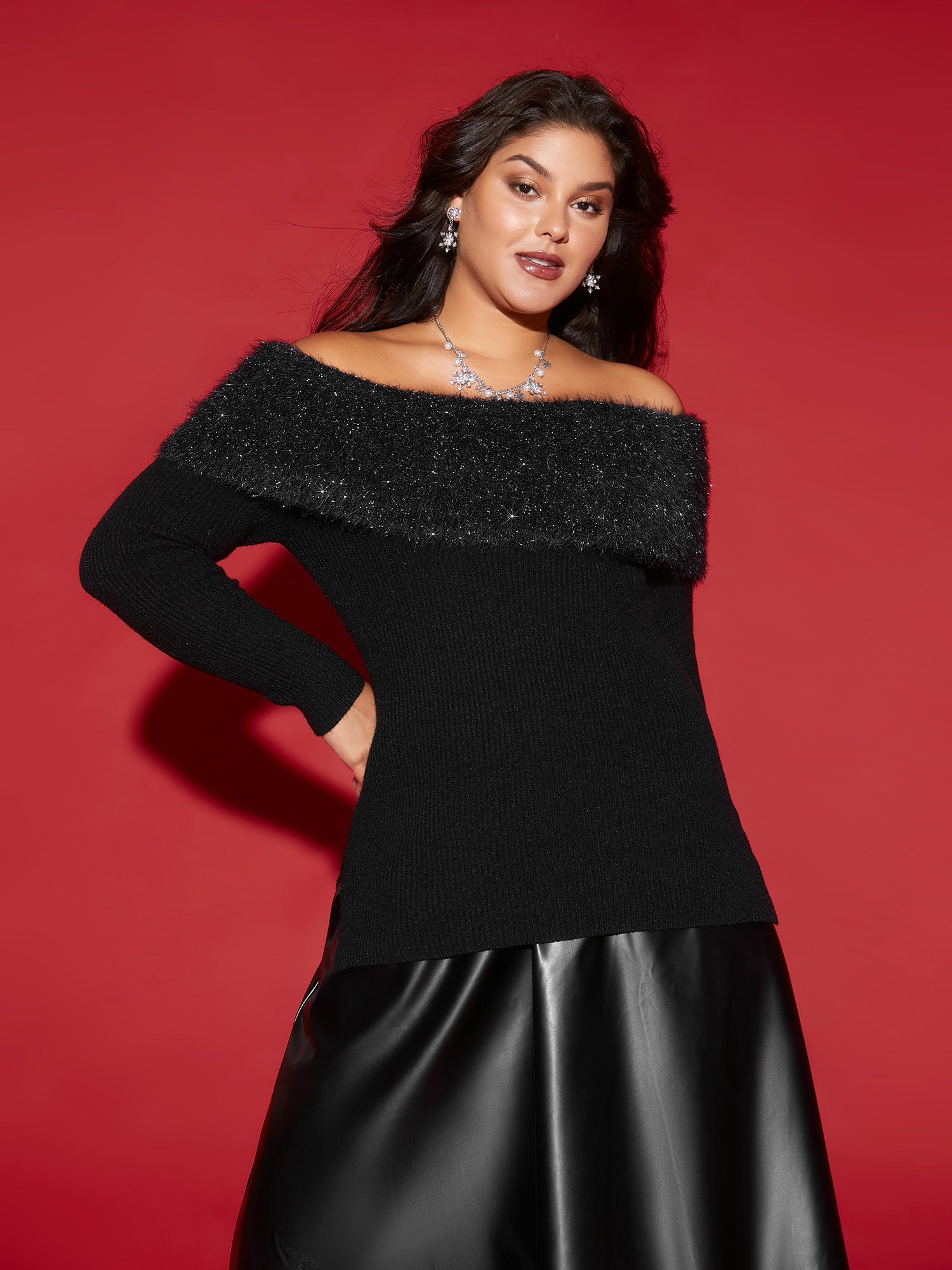 Off-Shoulder Silver Threads Detailing Pullover-Sweetccc