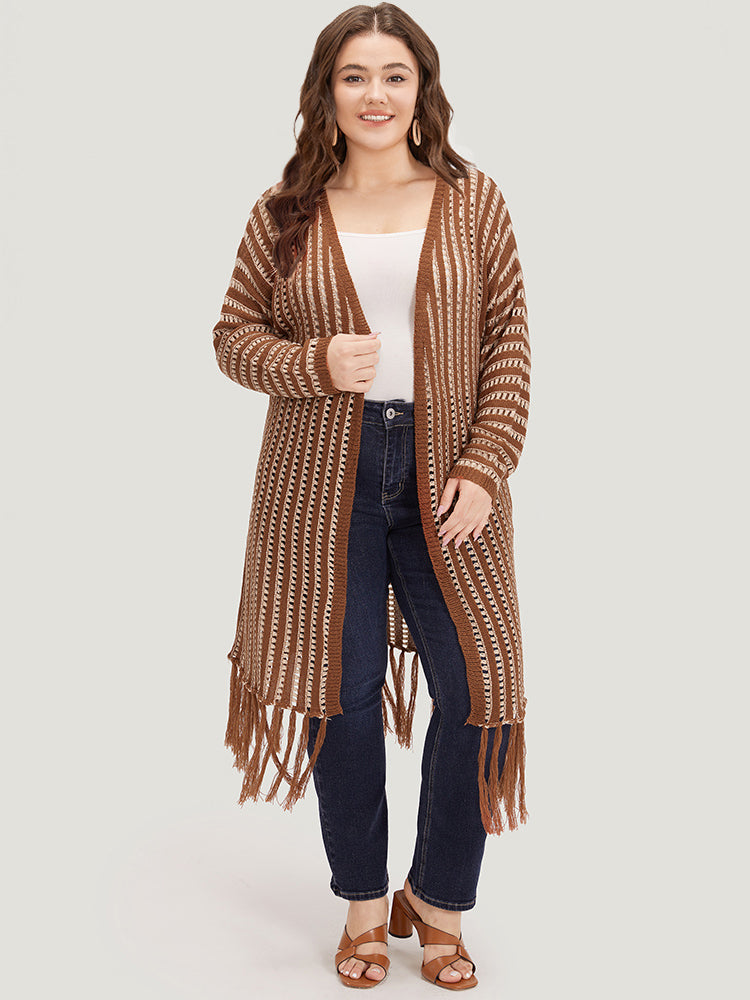 Striped Open Front Tassel Trim Hollow Out Cardigan-Sweetccc
