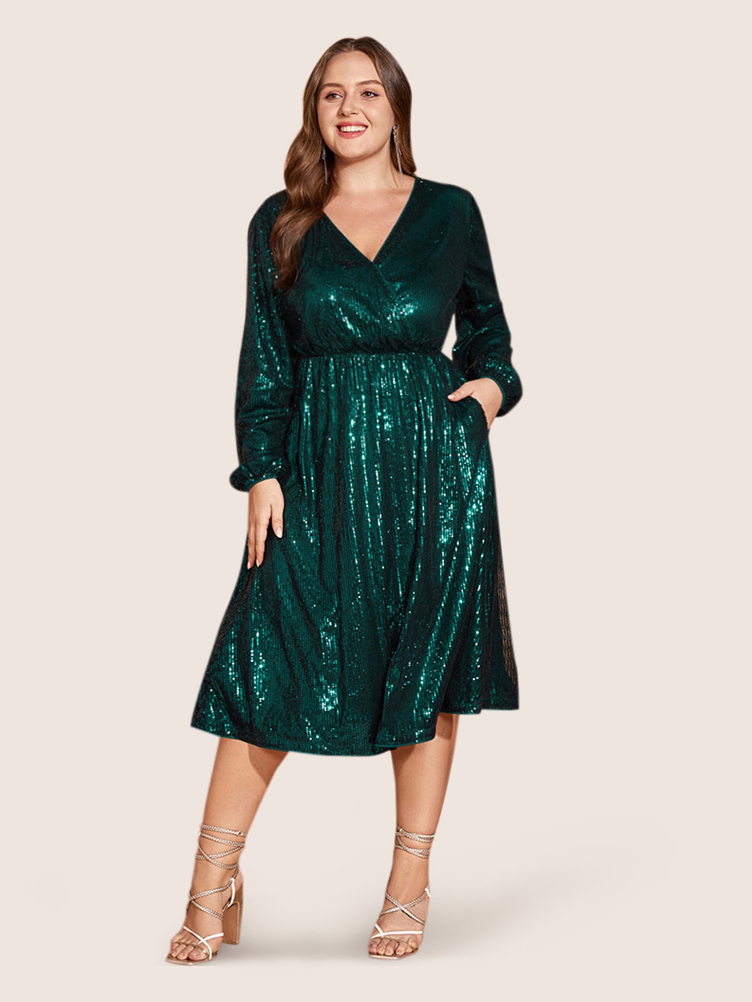 Solid Pocket Lantern Sleeve Wrap Sequin Dress-Sweetccc