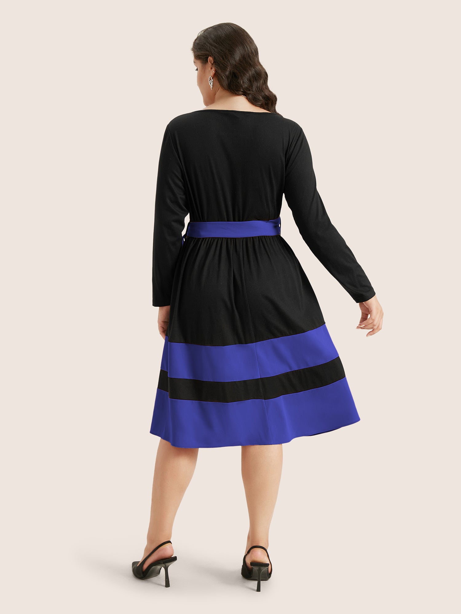 Two Tone Belted Bowknot Square Neck Dress-Sweetccc