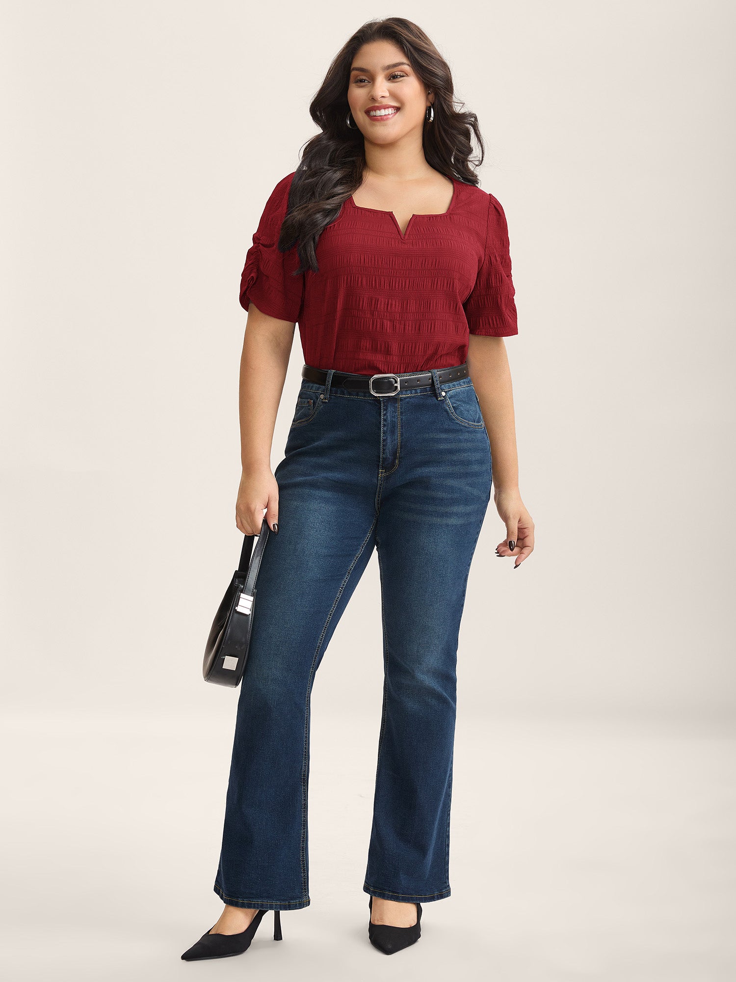 Textured Gathered Sleeve Split Neck Blouse-Sweetccc