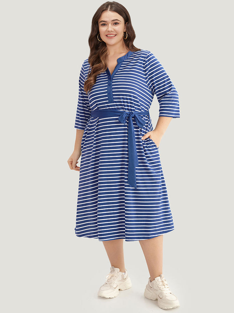 Striped Belted Notched Dress-Sweetccc