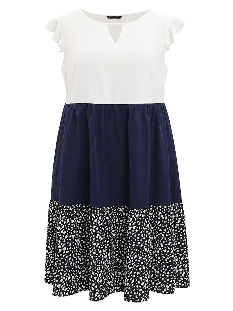 Leopard Print Patchwork Ruffle Cap Sleeve Keyhole Dress-Sweetccc