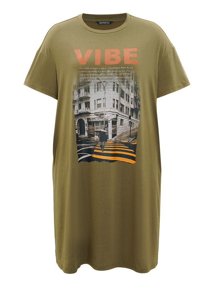 Letter & Graphic Print Pocket Crew Neck Dress-Sweetccc