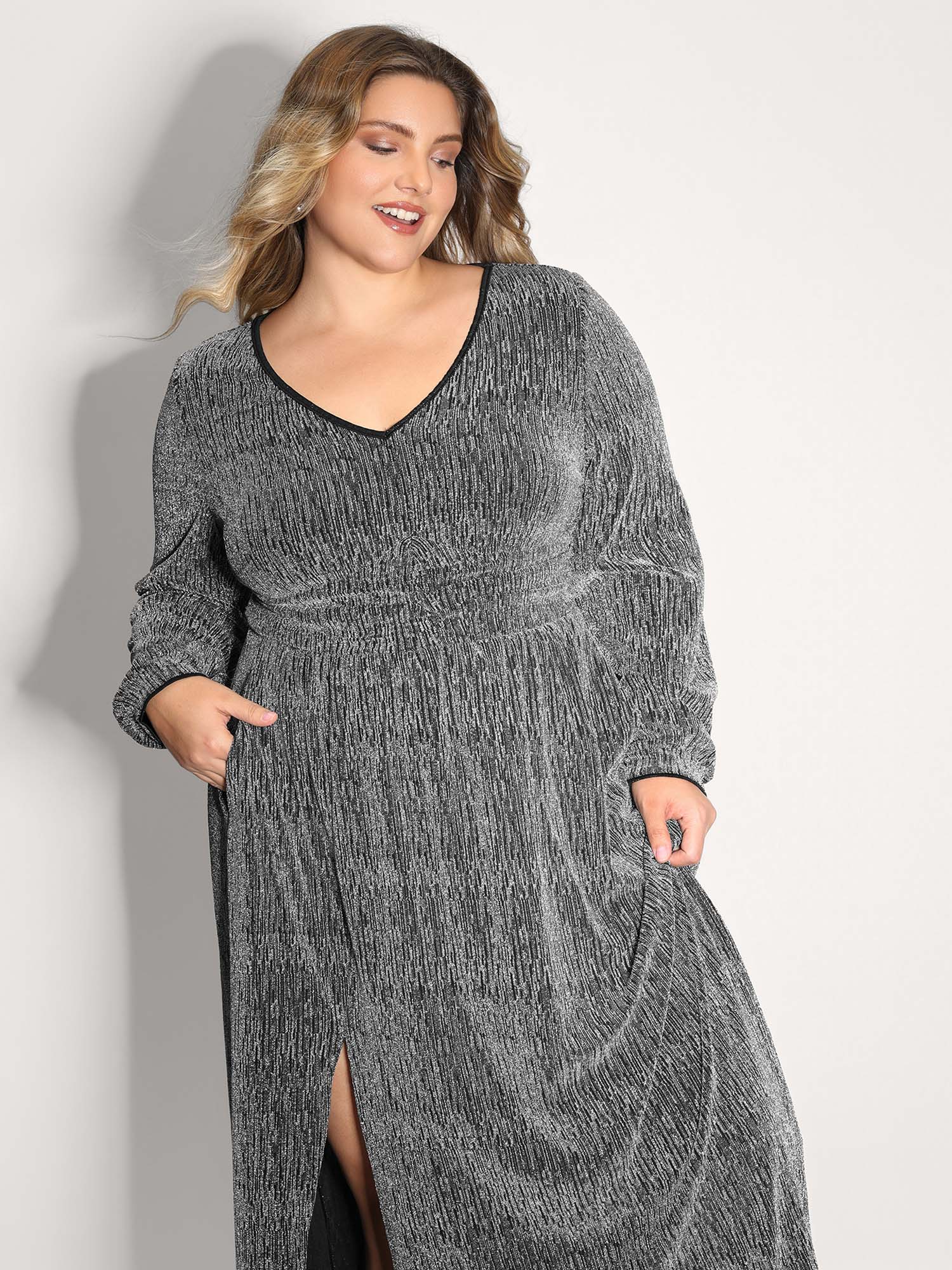 Lurex Side Slit Pleated Waist Maxi Dress-Sweetccc