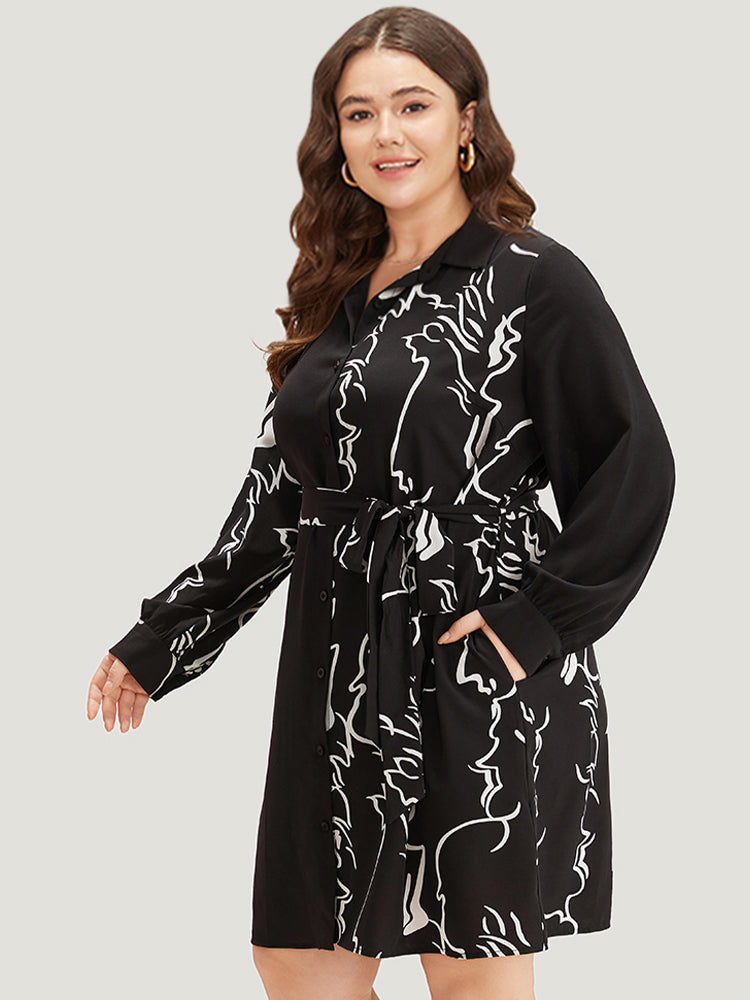 Graphic Shirt Collar Pocket Button Through Belted Dress-Sweetccc