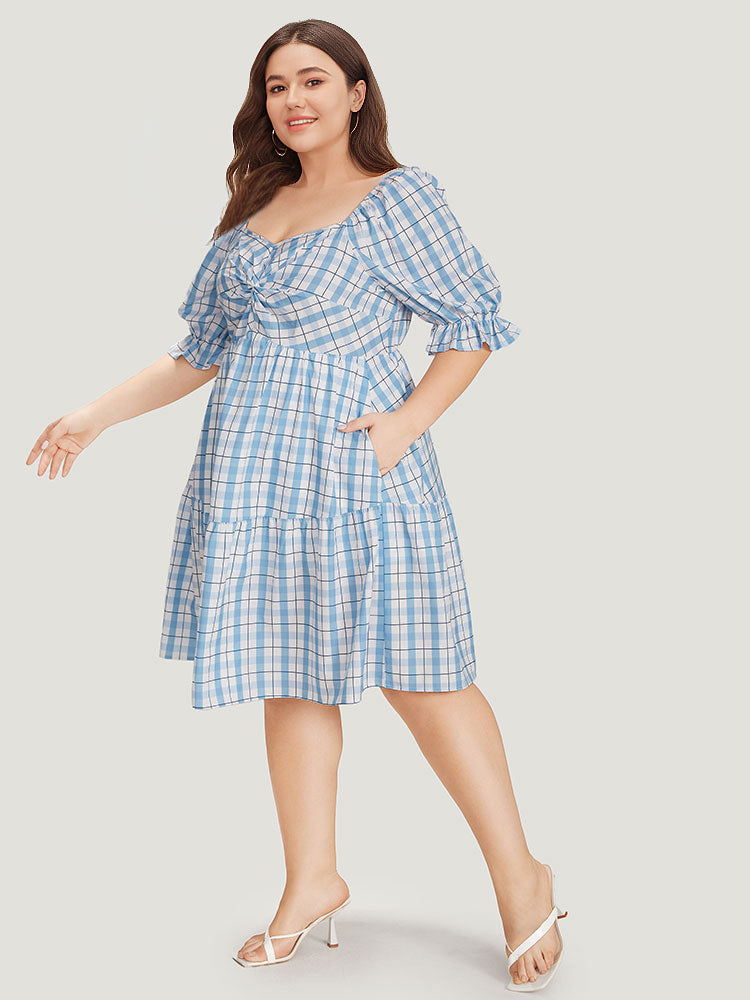 Twist Front Square Neck Ruffle Layered Hem Bell Sleeve Dress-Sweetccc