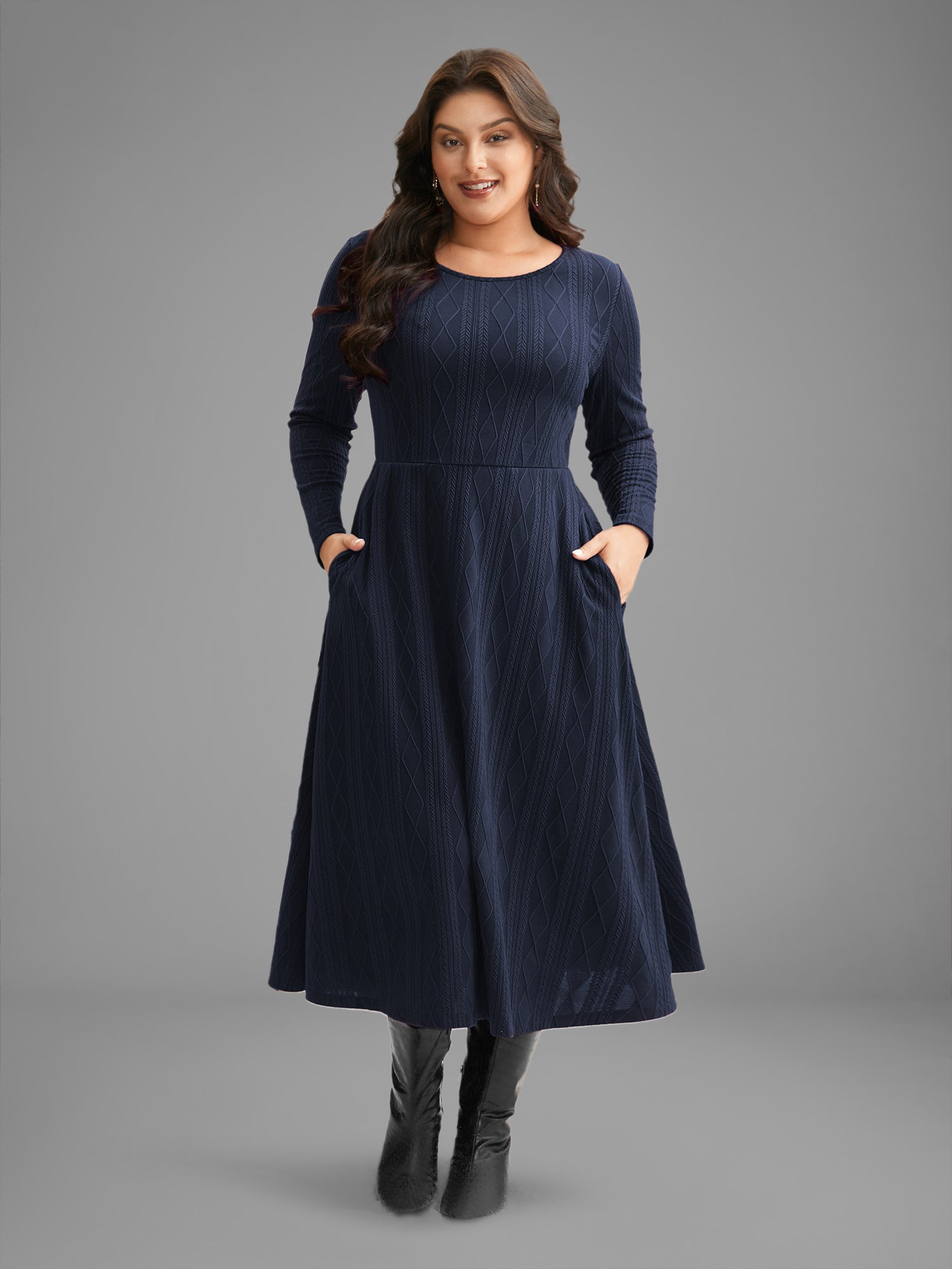 Textured Knit Fit-And-Flare Midi Dress-Sweetccc