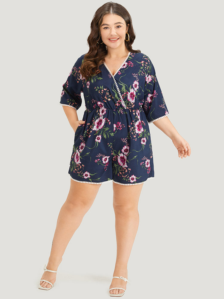 Floral Print Overlap Collar Contrast Trim Pocket Jumpsuit-Sweetccc